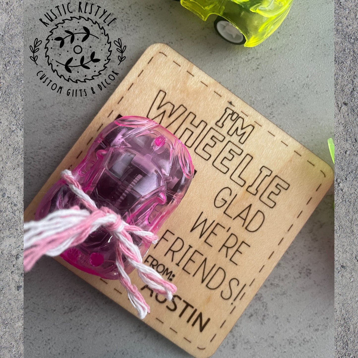 Classroom pull-back wheelie car Valentines, Personalized wooden Valentine's Day gift