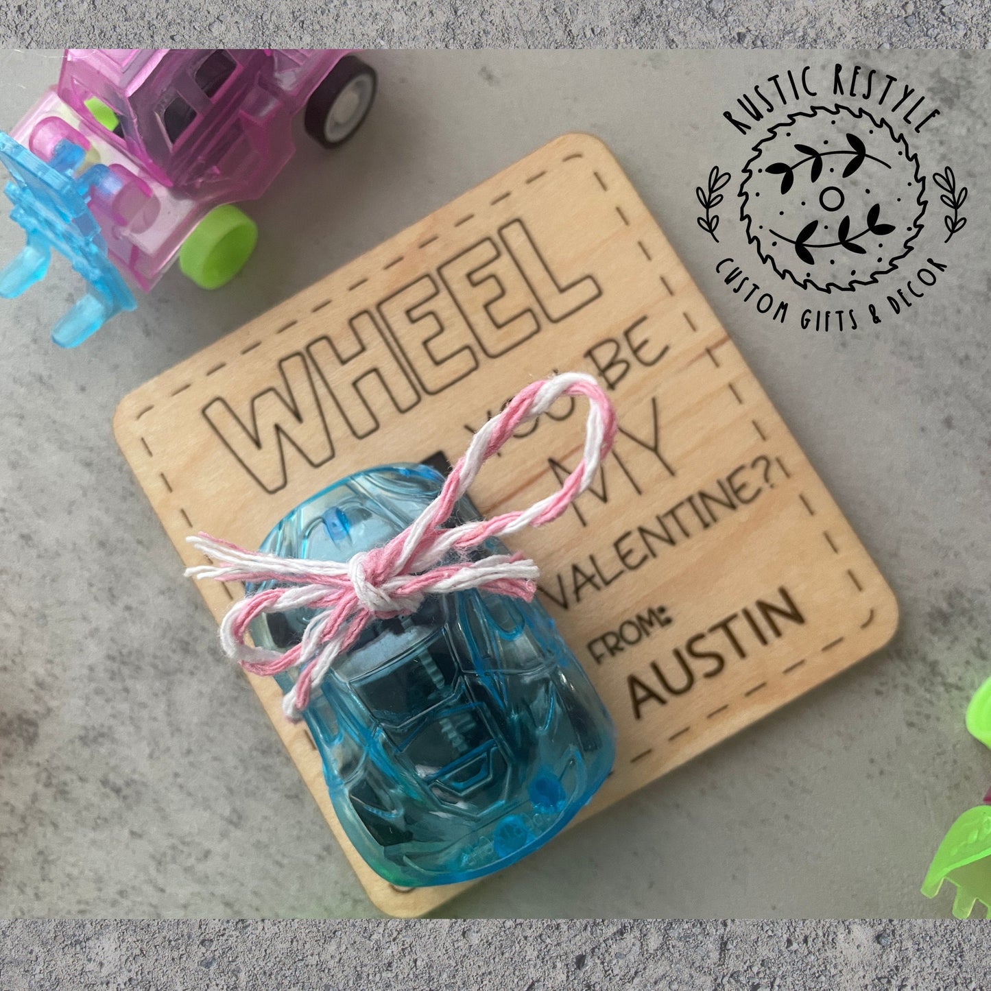 Classroom pull-back wheelie car Valentines, Personalized wooden Valentine's Day gift