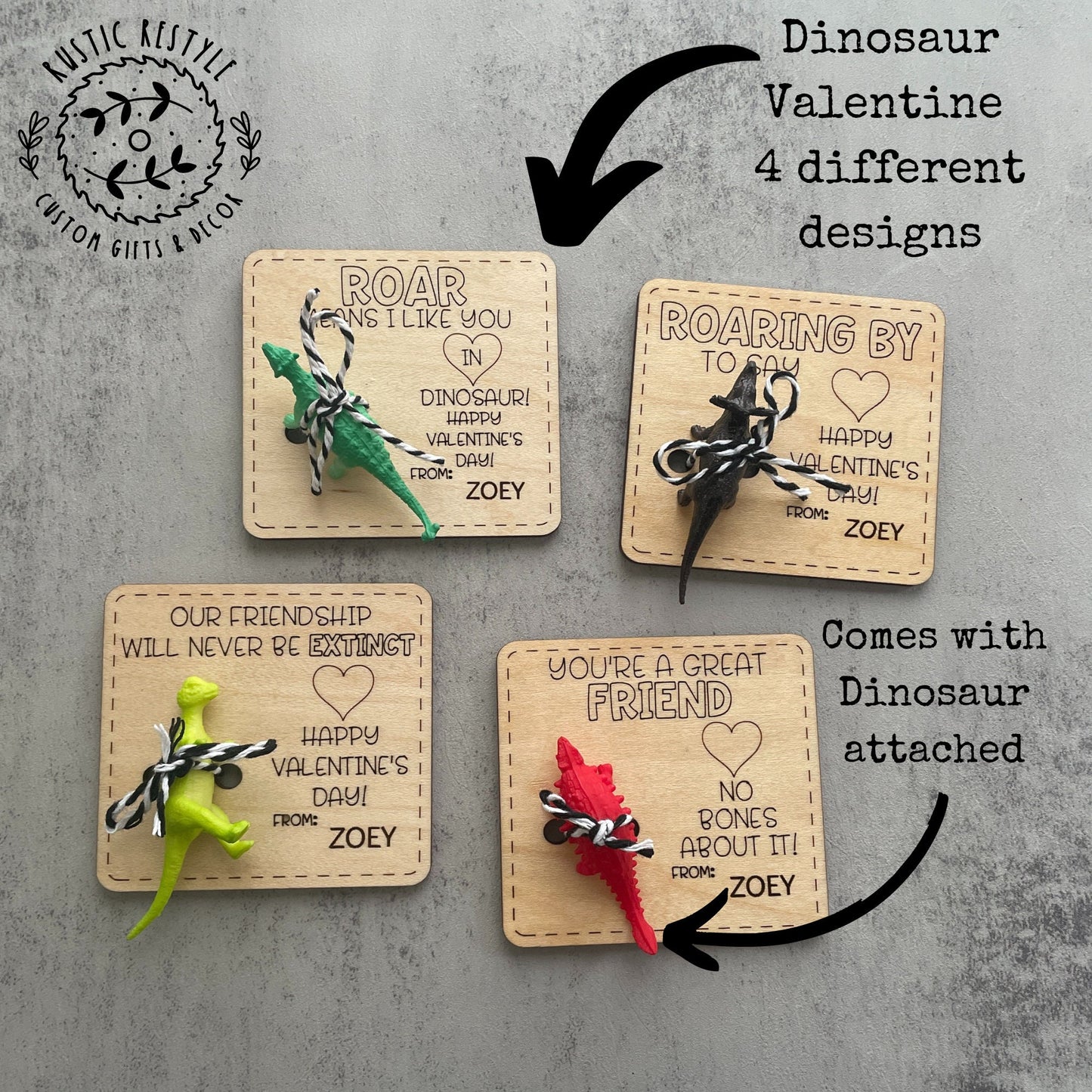 Set of four personalized wooden Valentine’s Day cards with attached mini dinosaur toys, featuring engraved stitched‑border designs and messages such as ‘Roar means I like you in dinosaur,’ ‘Roaring by to say Happy Valentine’s Day,’ ‘Our friendship will never be extinct,’ and ‘You’re a great friend, no bones about it