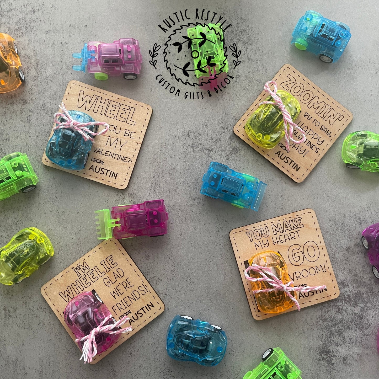 Classroom pull-back wheelie car Valentines, Personalized wooden Valentine's Day gift