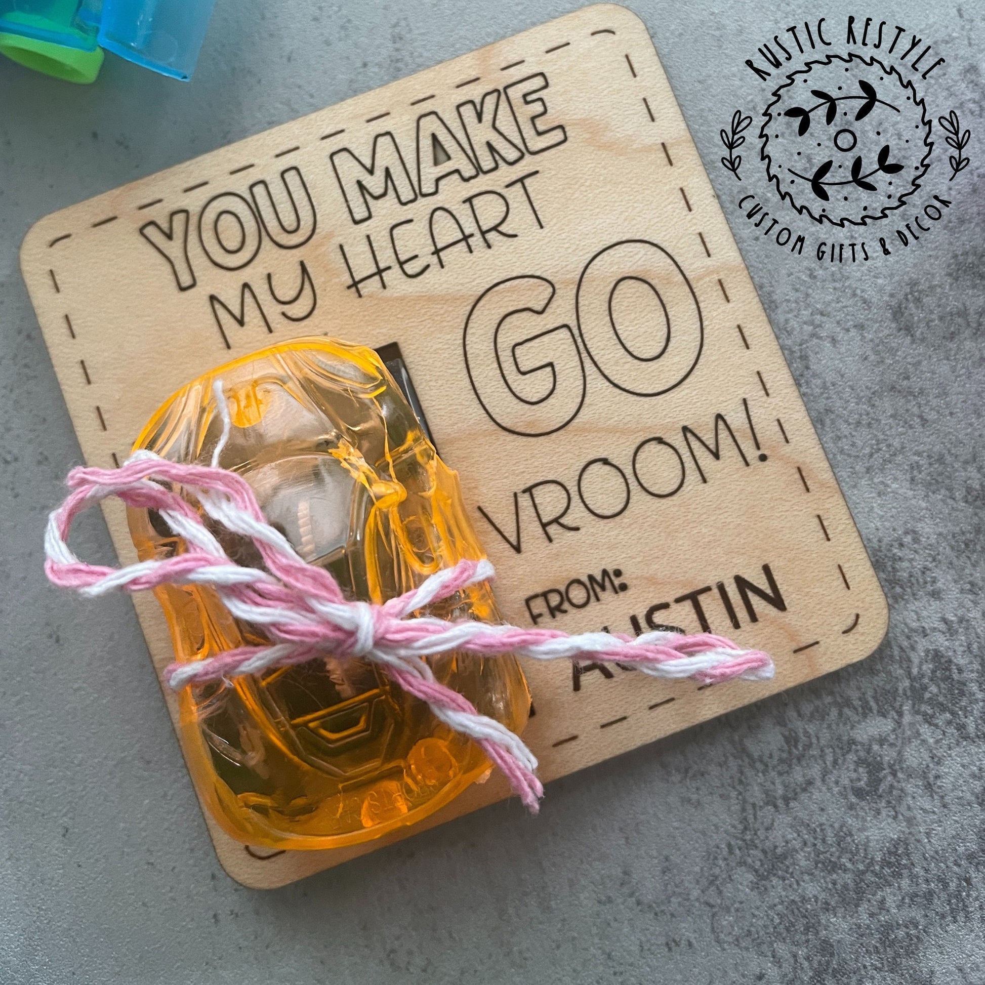 Classroom pull-back wheelie car Valentines, Personalized wooden Valentine's Day gift