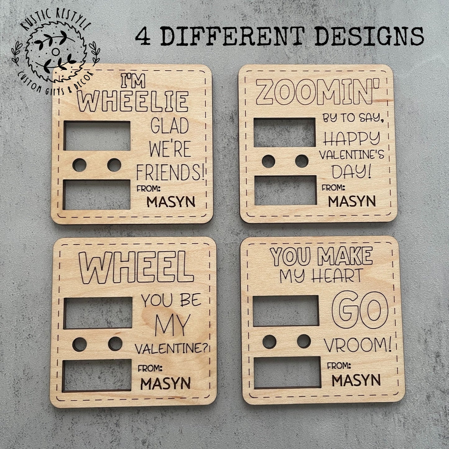 Classroom pull-back wheelie car Valentines, Personalized wooden Valentine's Day gift