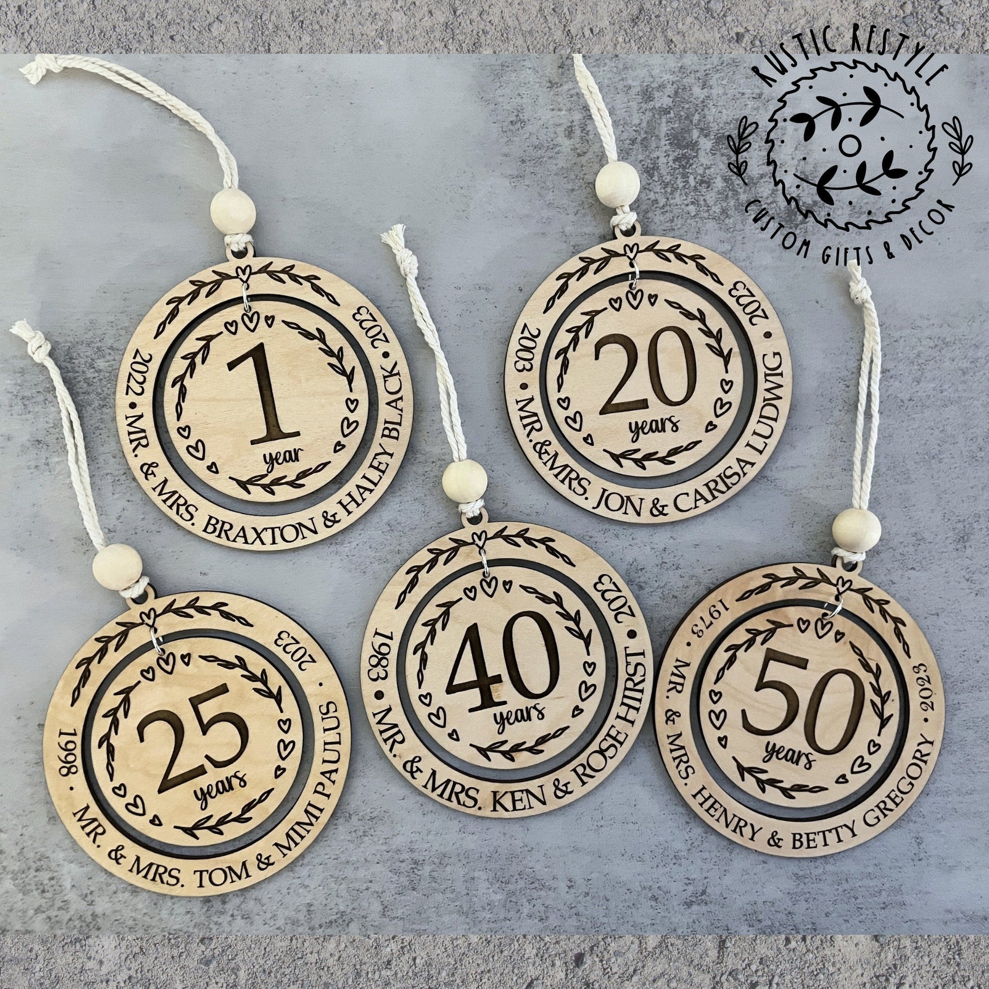 Wedding anniversary ornament, wood Christmas ornament gift 50th, 40th, 30th, 20th, 10th, 5th anniversary