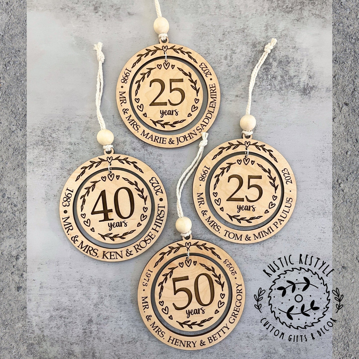 Wedding anniversary ornament, wood Christmas ornament gift 50th, 40th, 30th, 20th, 10th, 5th anniversary