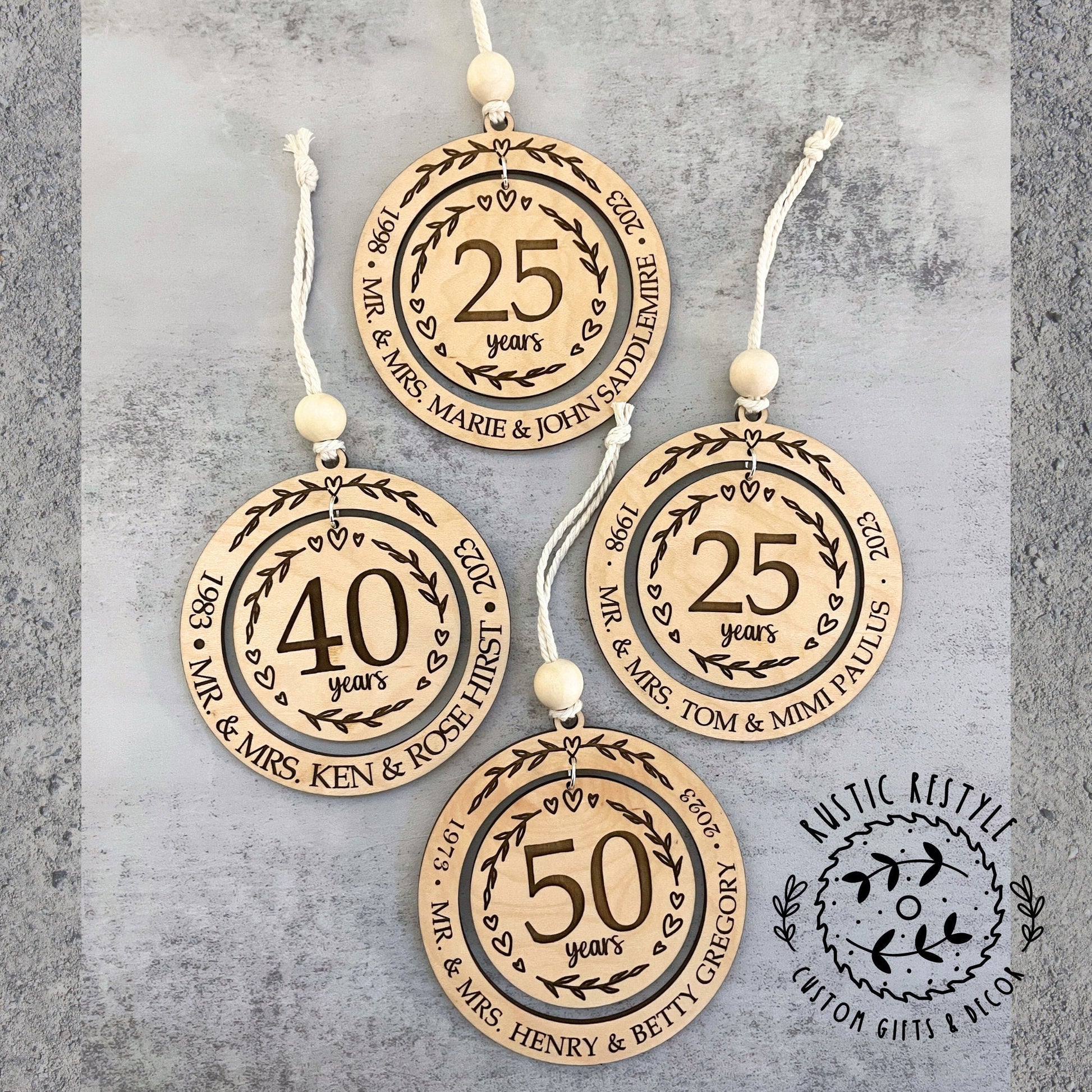 Wedding anniversary ornament, wood Christmas ornament gift 50th, 40th, 30th, 20th, 10th, 5th anniversary