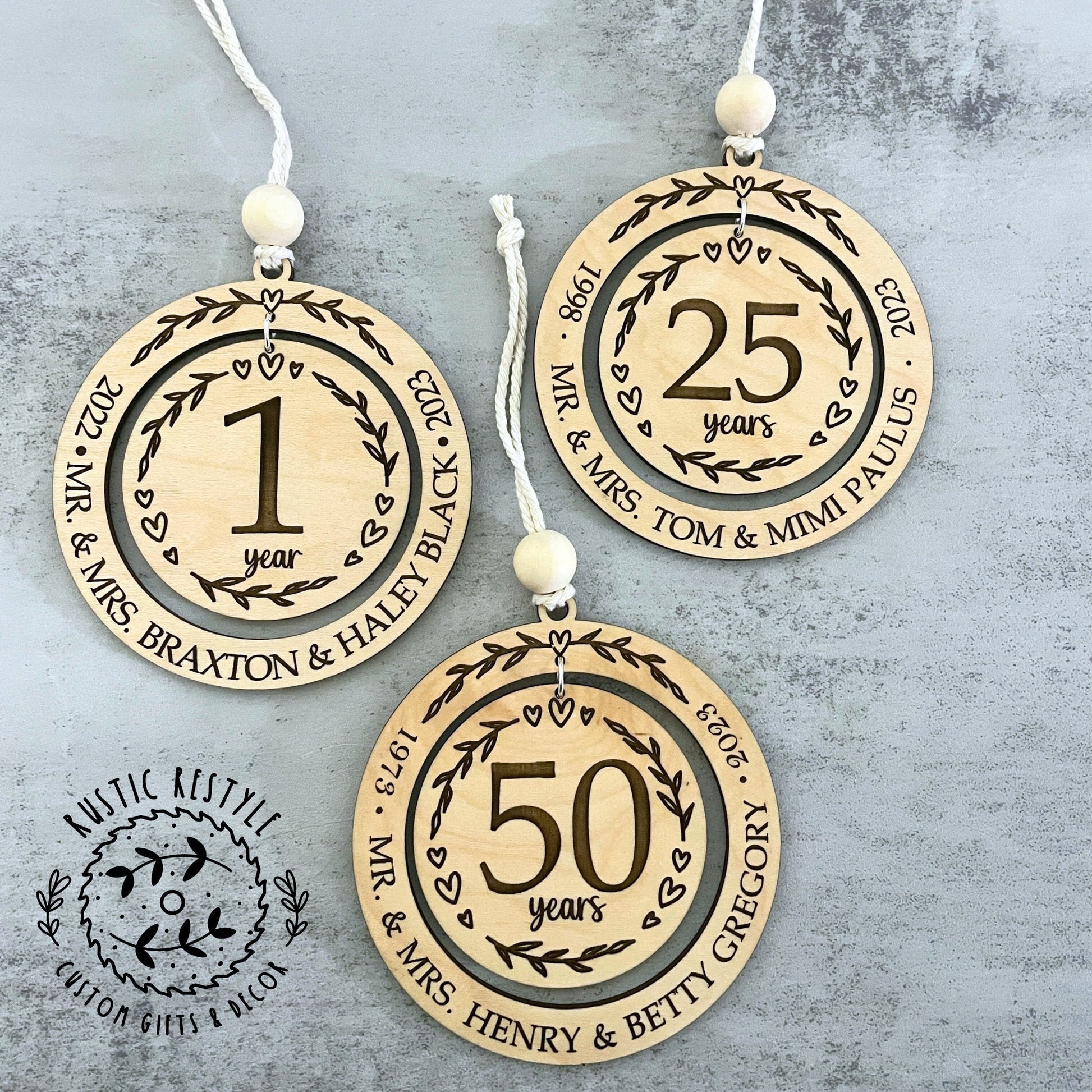 Wedding anniversary ornament, wood Christmas ornament gift 50th, 40th, 30th, 20th, 10th, 5th anniversary