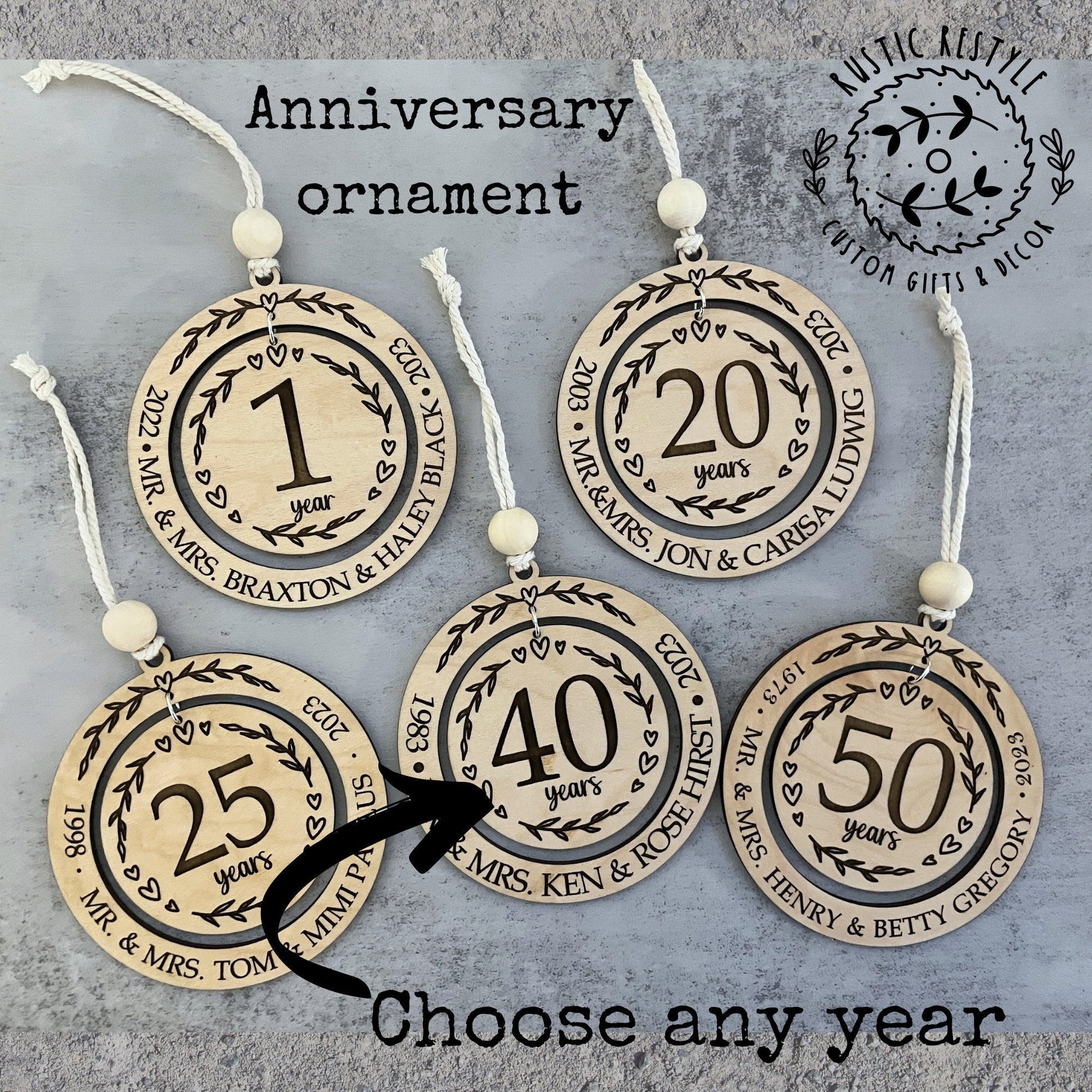 Wedding anniversary ornament, wood Christmas ornament gift 50th, 40th, 30th, 20th, 10th, 5th anniversary