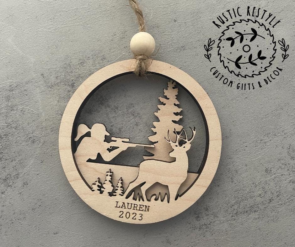 Deer hunting Ornament, Girl or Guy Hunter, engraved Christmas tree ornament, personalized Hunting gift