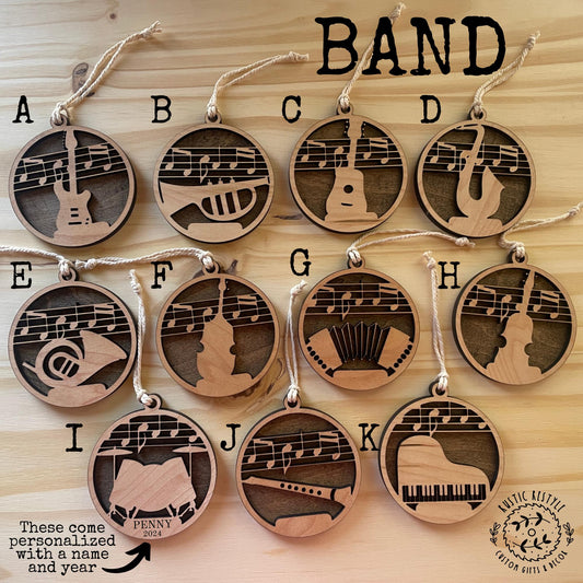 Band Instruments Ornament, Guitar, piano, flute, Violin, Saxophone, drums, cello, french horn, accordion, trumpet