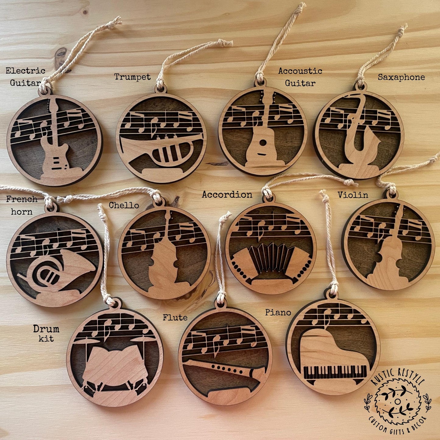 Band Instruments Ornament, Guitar, piano, flute, Violin, Saxophone, drums, cello, french horn, accordion, trumpet