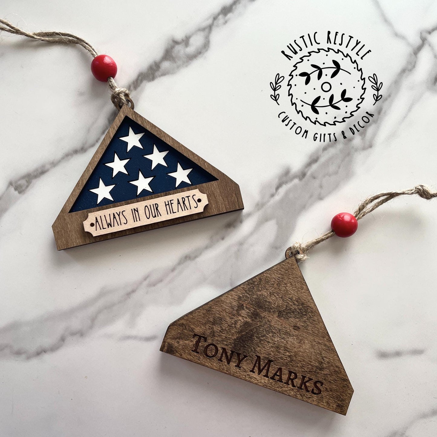 Military flag Remembrance ornament, personalized Memorial Christmas Ornament with engraved names