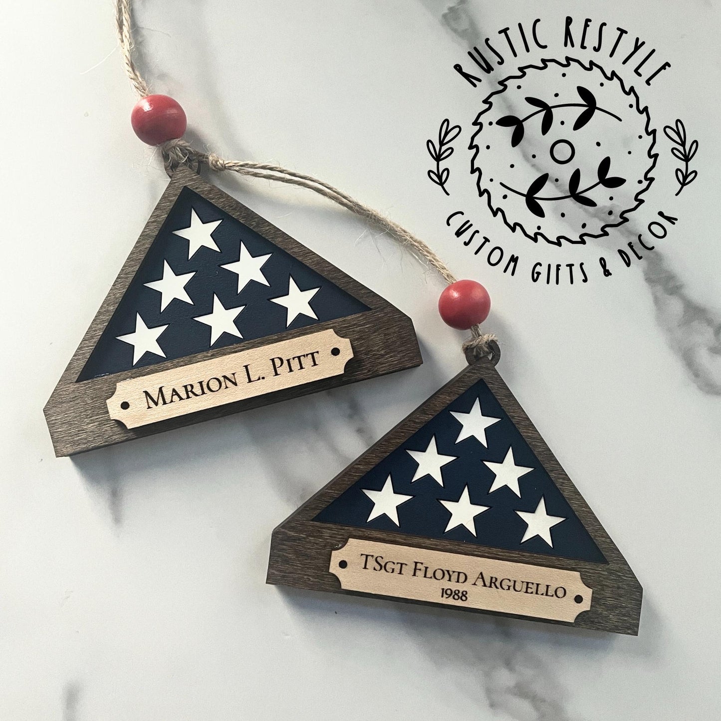 Military flag Memorial day ornament, personalized Memorial Ornament with engraved names