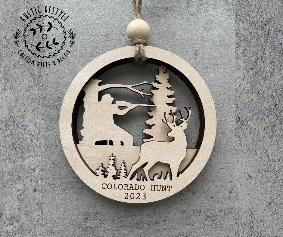 Deer hunting Ornament, Girl or Guy Hunter, engraved Christmas tree ornament, personalized Hunting gift