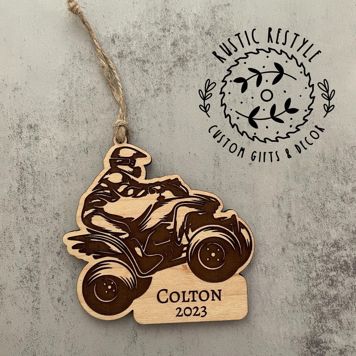 ATV Christmas Ornament, Personalized wood 4 Wheeler ornament