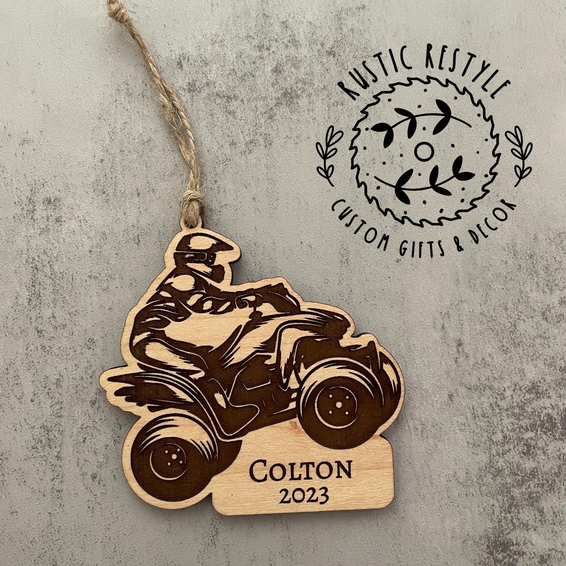 ATV Christmas Ornament, Personalized wood 4 Wheeler ornament