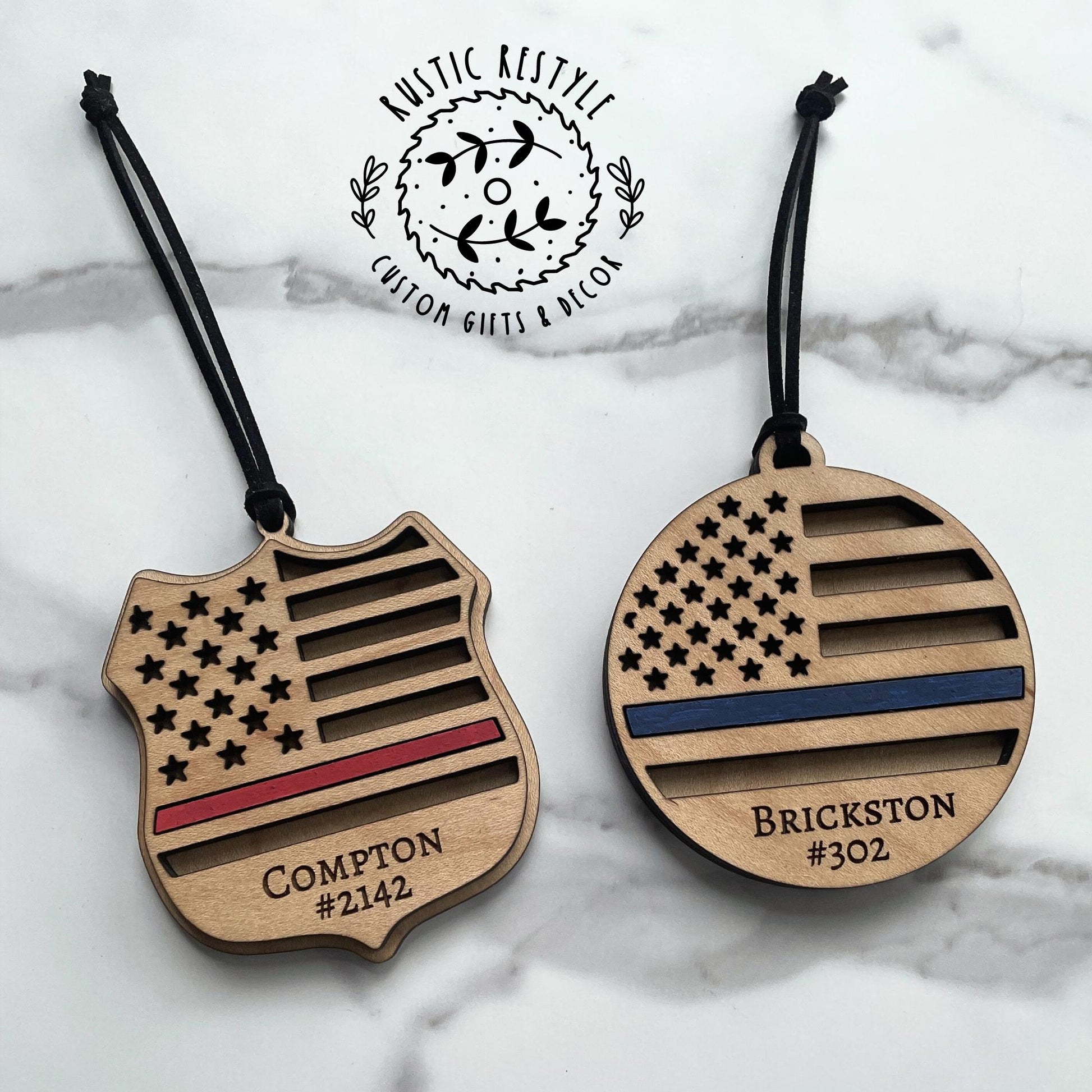 First responder Ornaments, Firemen, and Law enforcement with a red or blue line