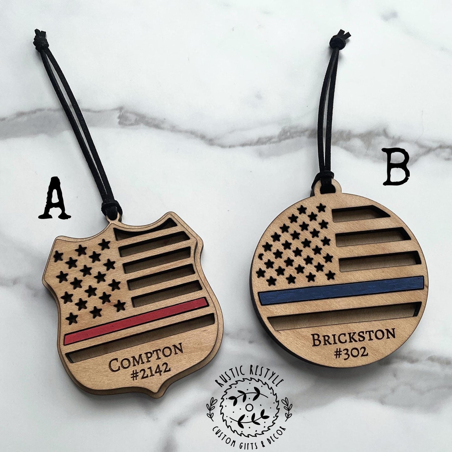 First responder Ornaments, Firemen, and Law enforcement with a red or blue line