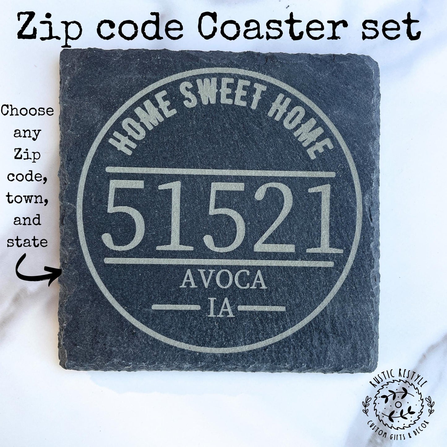 Personalized Zip code Stone Drinkware Coasters for Home Decor - Set of 4 Custom Gifts