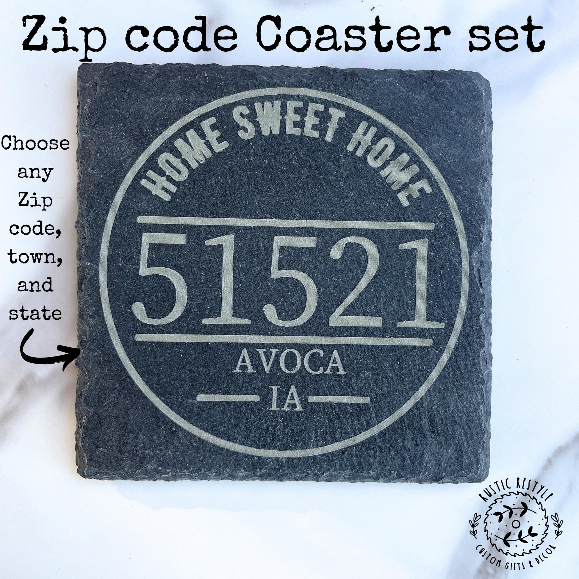 Personalized Zip code Stone Drinkware Coasters for Home Decor - Set of 4 Custom Gifts