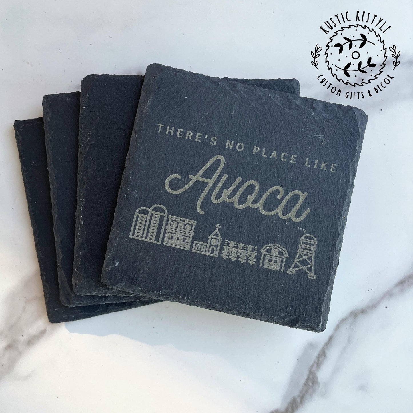 Small town scene set of 4 Slate Coasters, custom gift pick your town