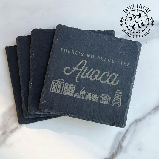 Small town scene set of 4 Slate Coasters, custom gift pick your town