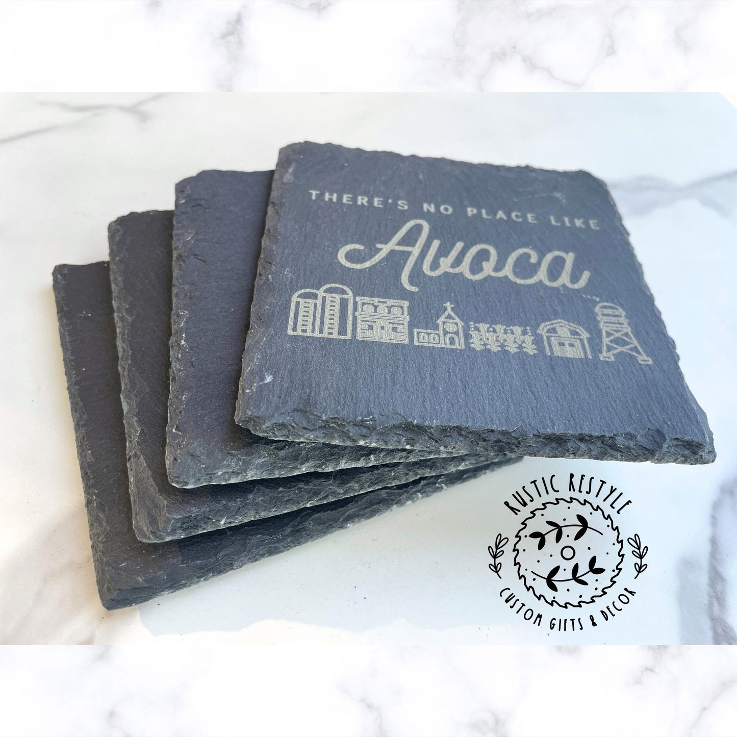 Small town scene set of 4 Slate Coasters, custom gift pick your town