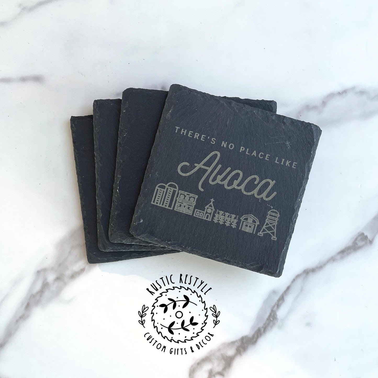 Small town scene set of 4 Slate Coasters, custom gift pick your town
