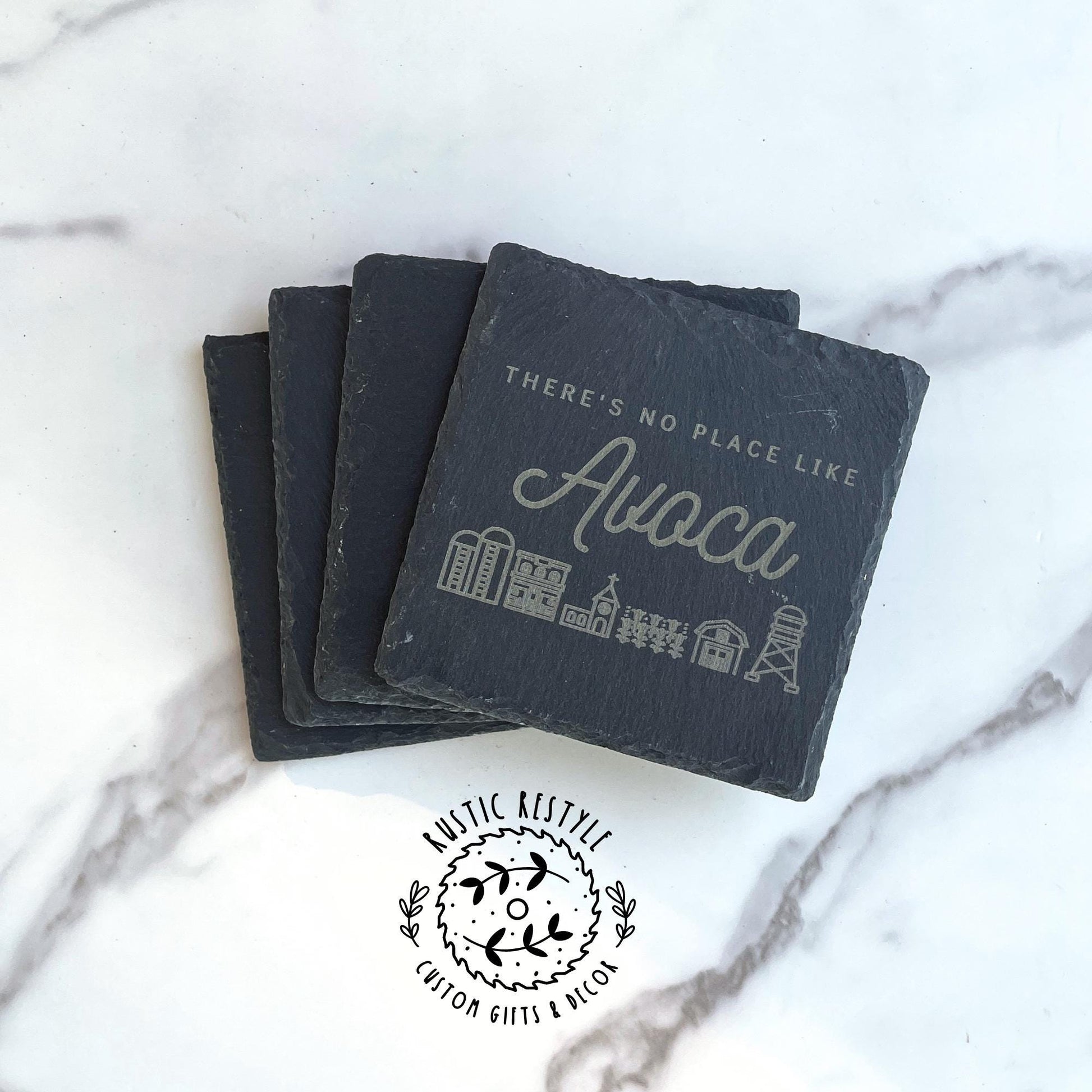 Small town scene set of 4 Slate Coasters, custom gift pick your town