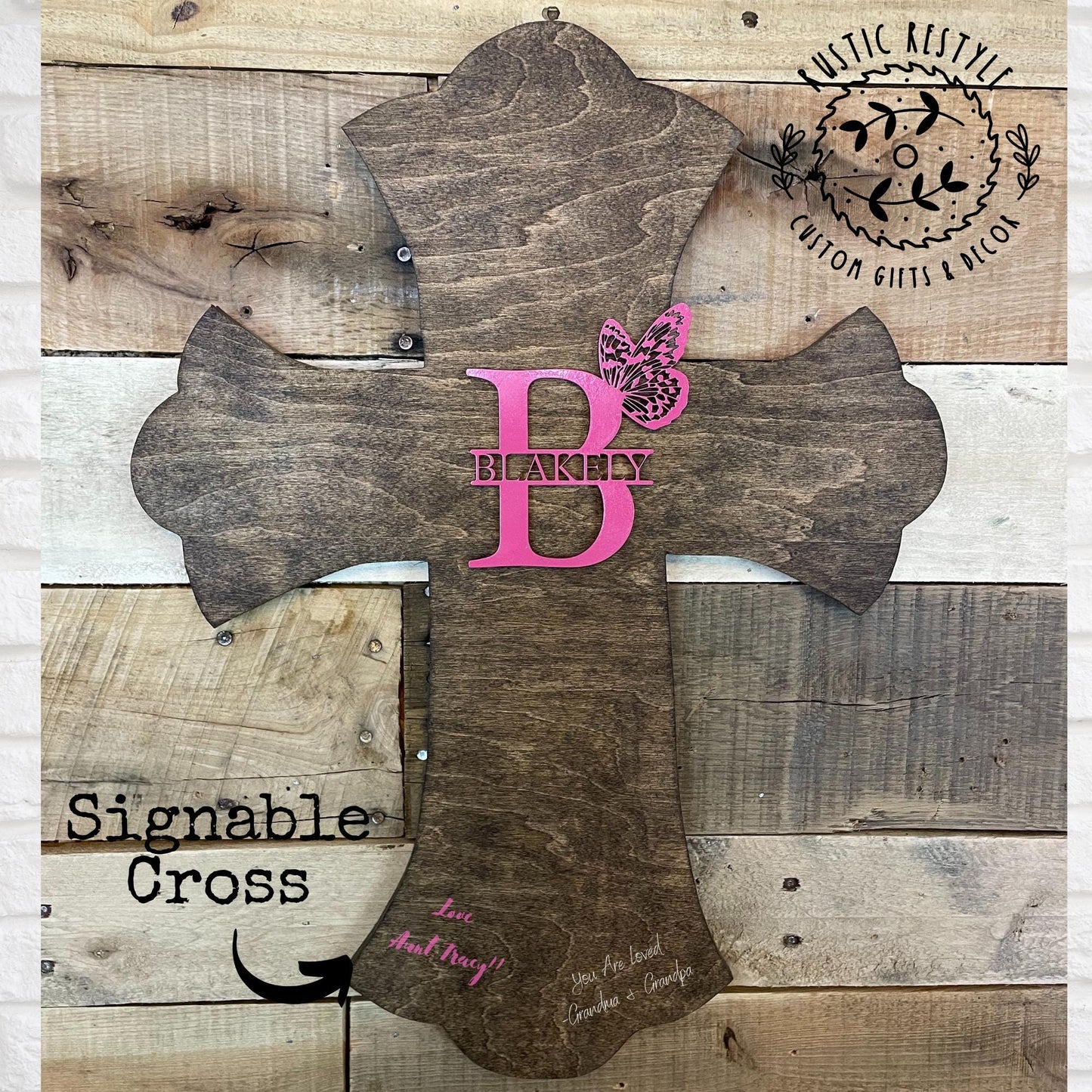 Personalized wooden cross, Baptism and confirmation sign-able crosses, Pink butterfly monogram confirmation keepsake gift