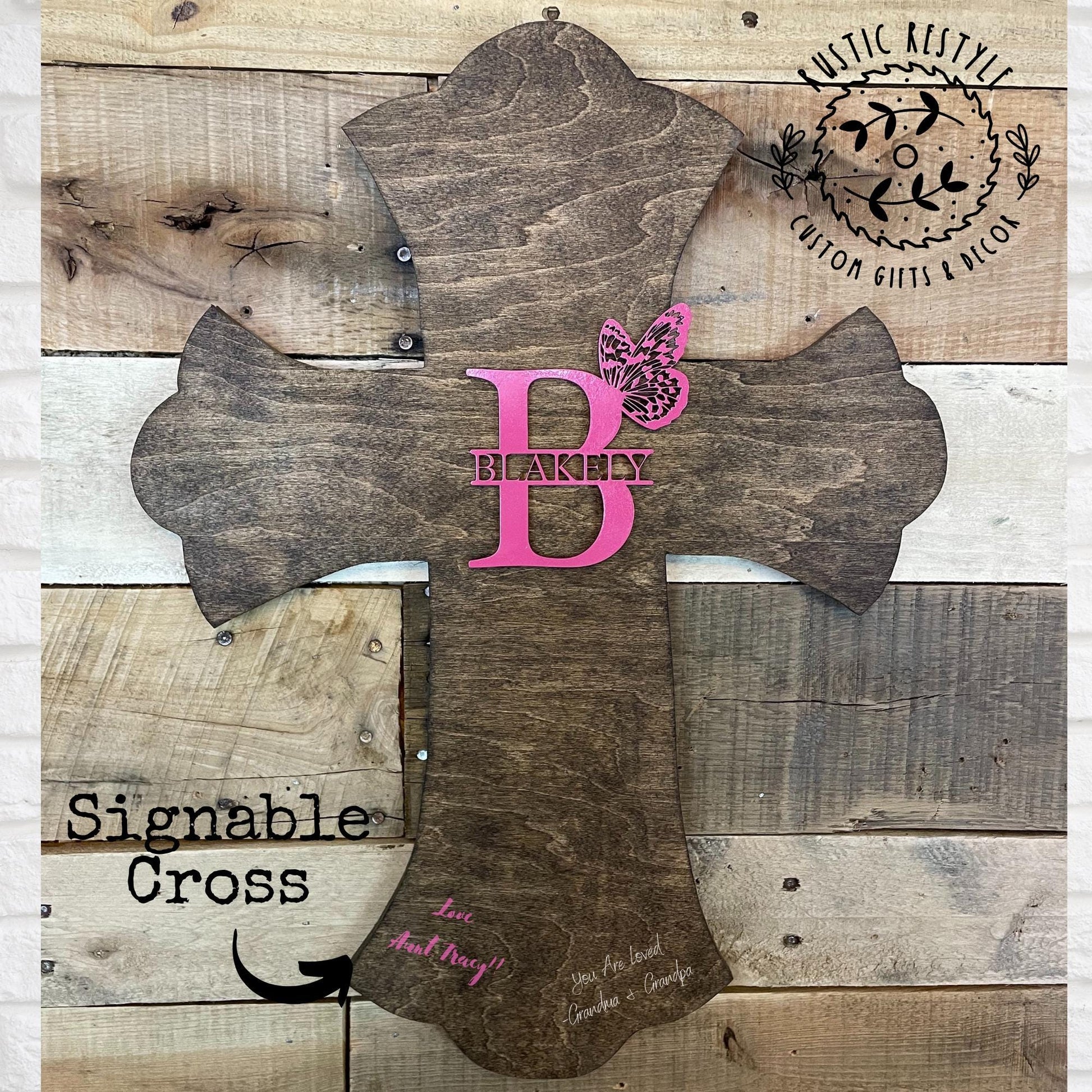Personalized wooden cross, Baptism and confirmation sign-able crosses, Pink butterfly monogram confirmation keepsake gift
