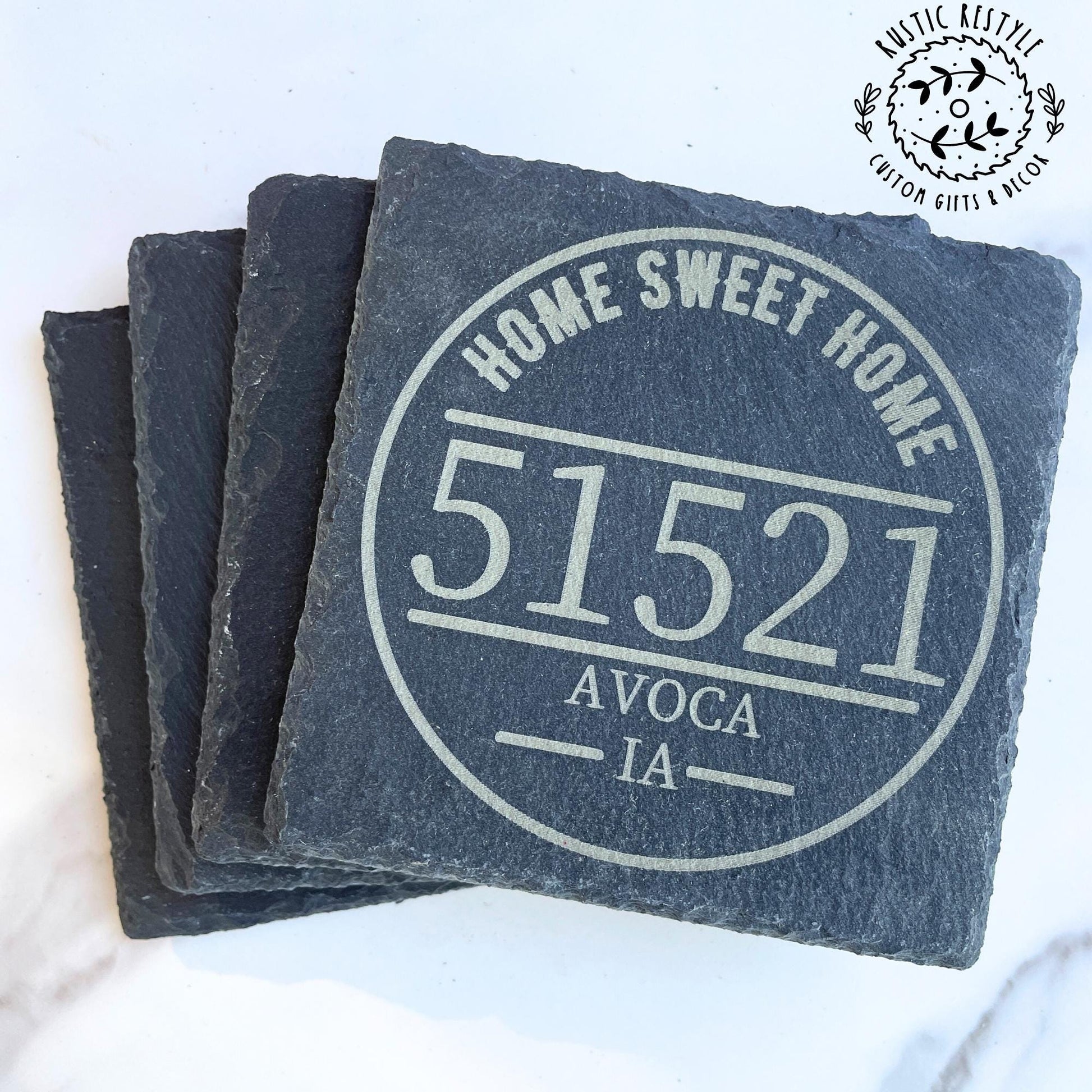 Personalized Zip code Stone Drinkware Coasters for Home Decor - Set of 4 Custom Gifts