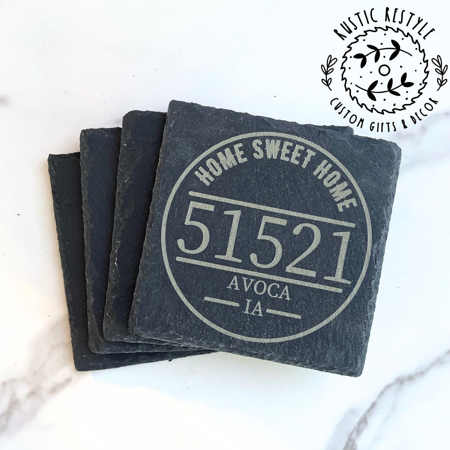 Personalized Zip code Stone Drinkware Coasters for Home Decor - Set of 4 Custom Gifts