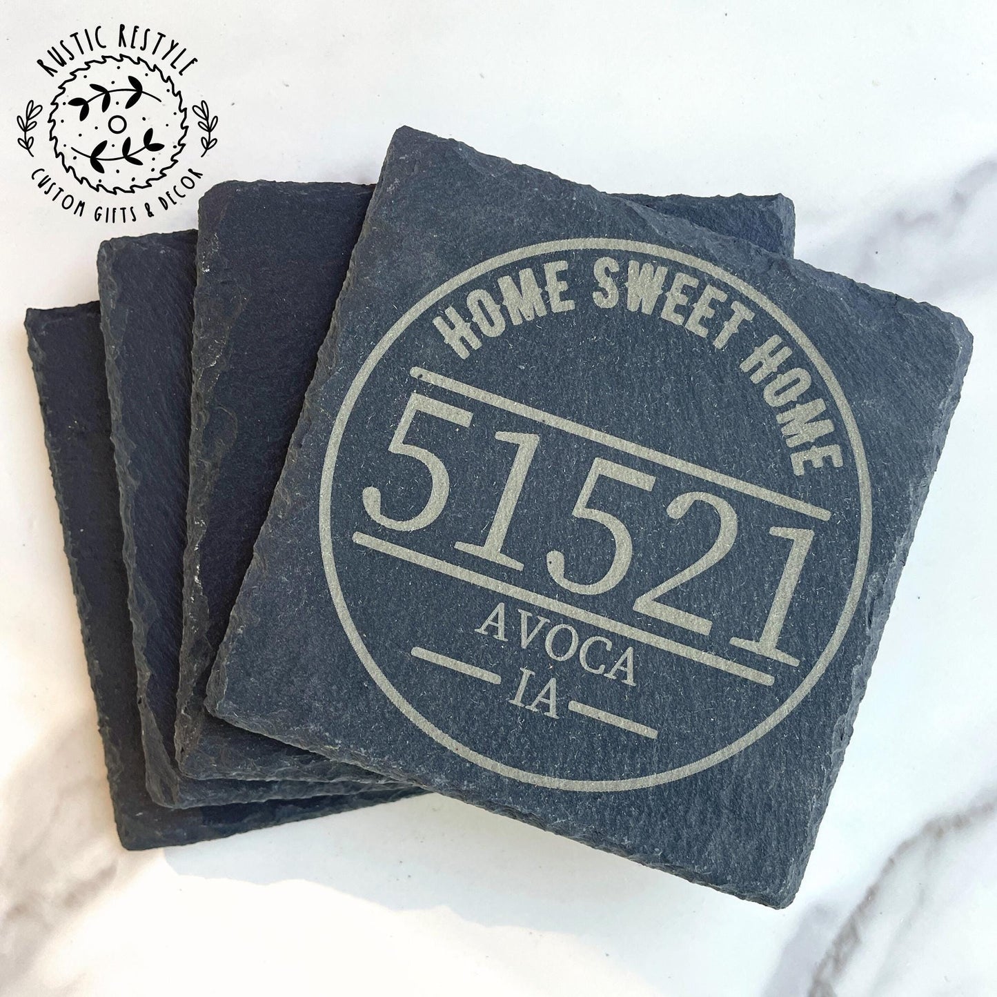 Personalized Zip code Stone Drinkware Coasters for Home Decor - Set of 4 Custom Gifts