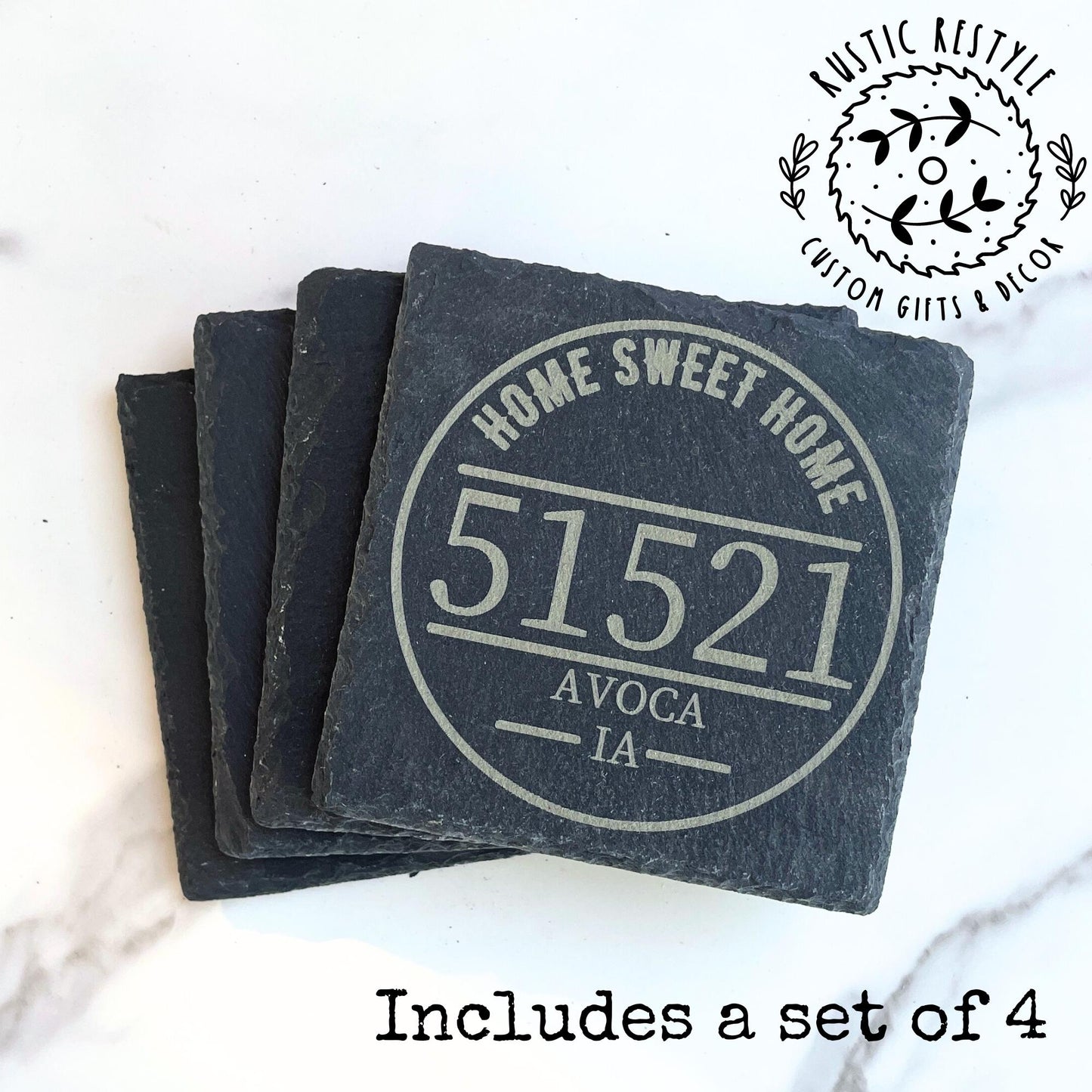 Personalized Zip code Stone Drinkware Coasters for Home Decor - Set of 4 Custom Gifts