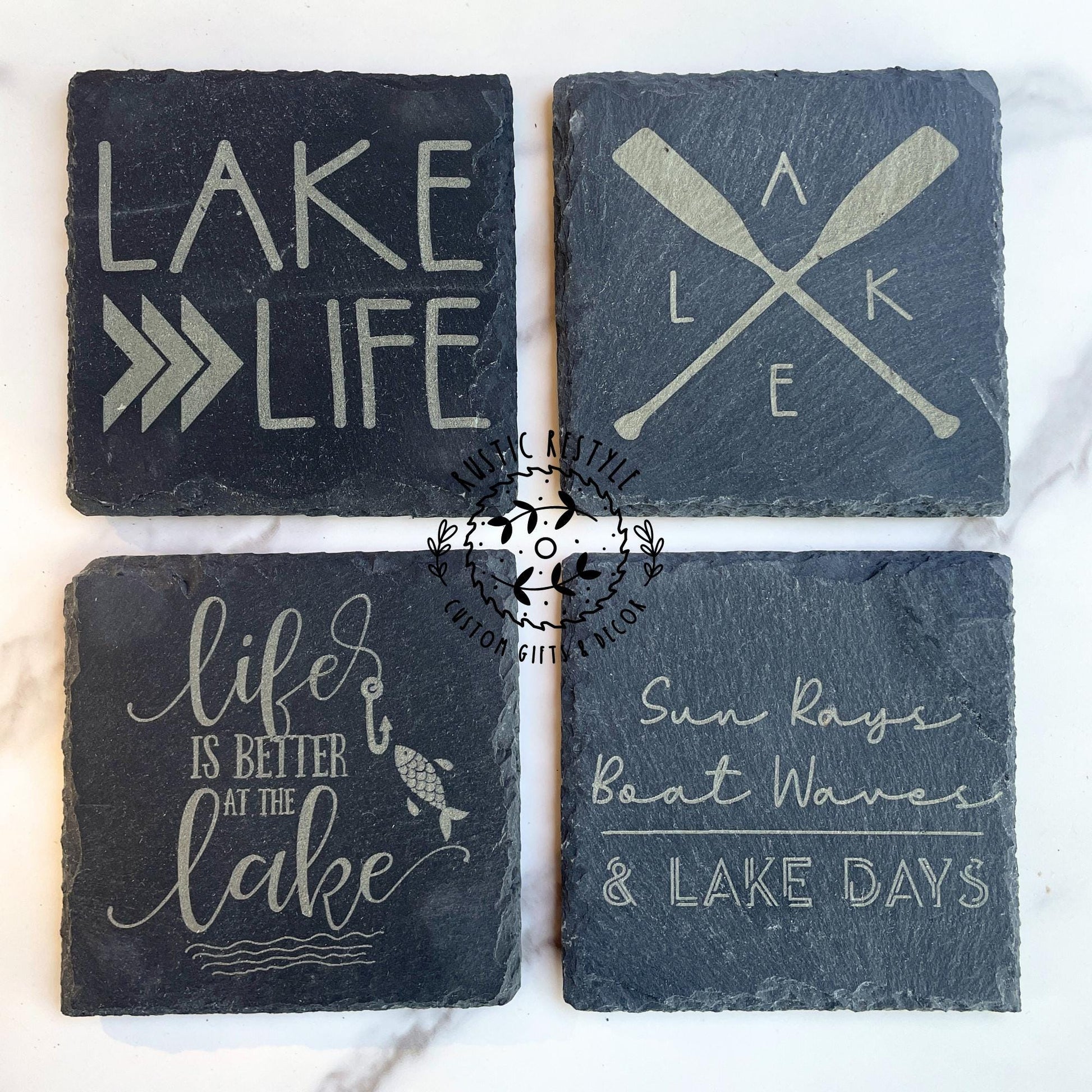 set of 4 Lake life, boat waves Slate Coasters