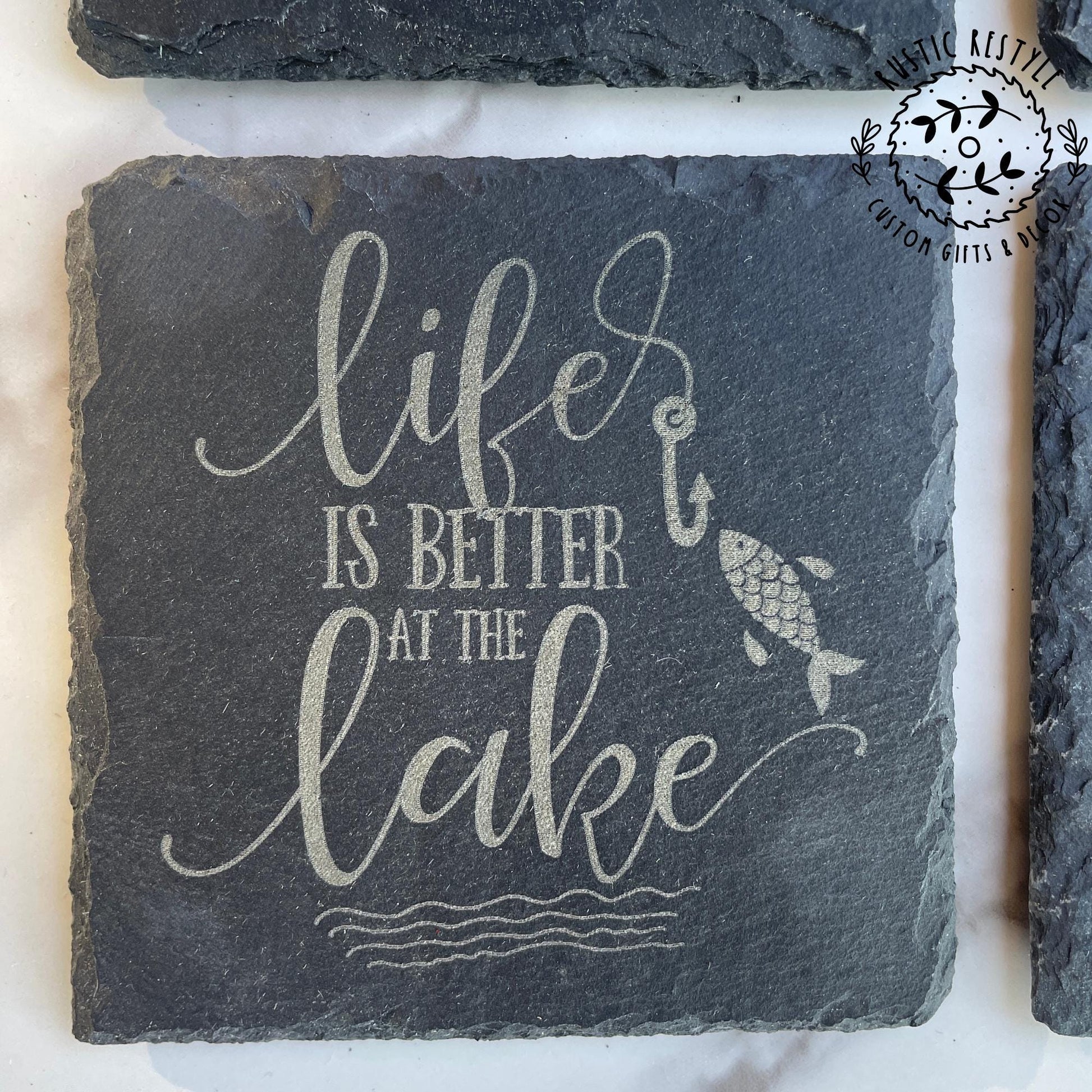 set of 4 Lake life, boat waves Slate Coasters