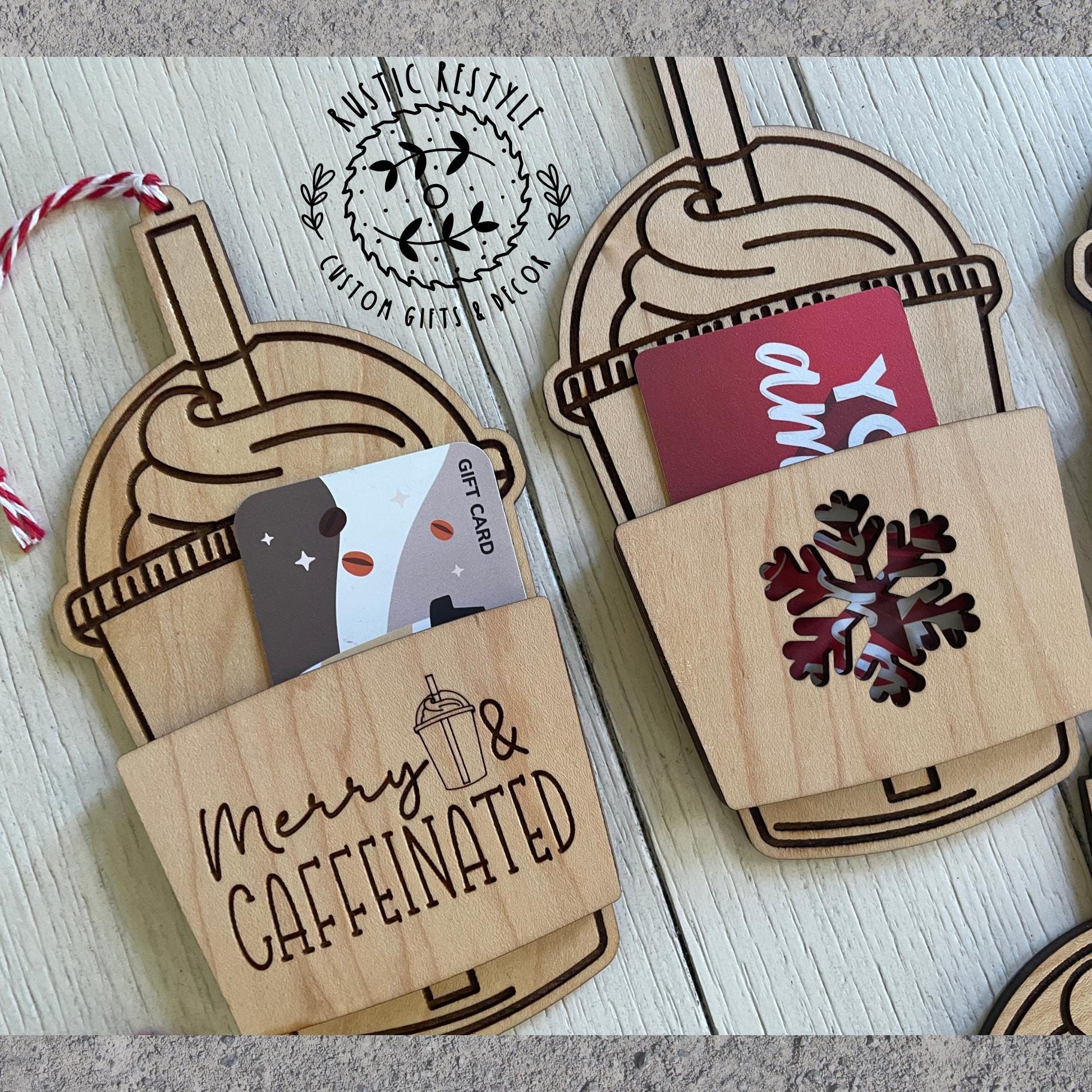Wooden blended coffee cup ornament gift card holder