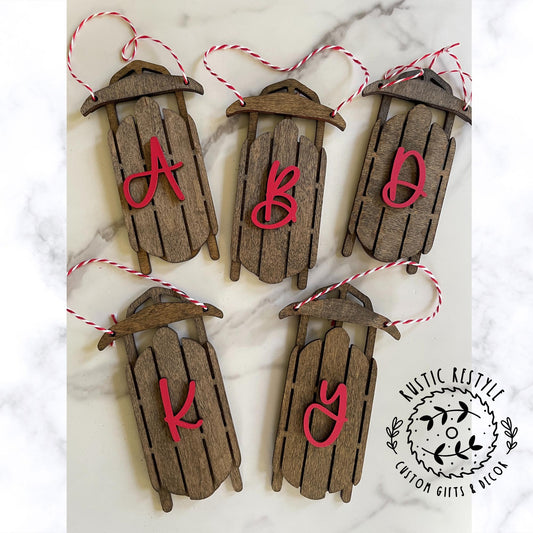 wood sled ornament with Initial Letter, Monogram old sled ornaments, toboggan