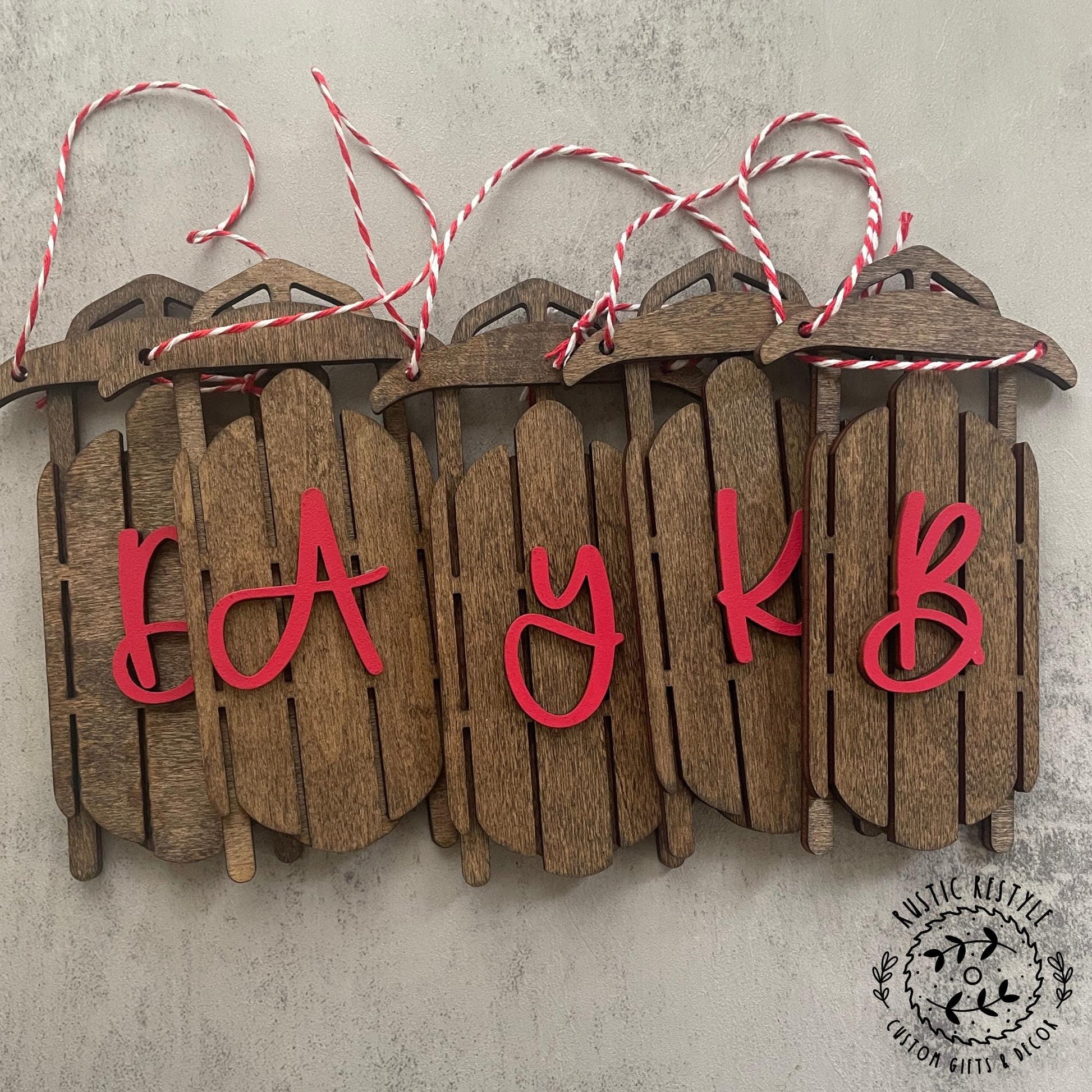 wood sled ornament with Initial Letter, Monogram old sled ornaments, toboggan