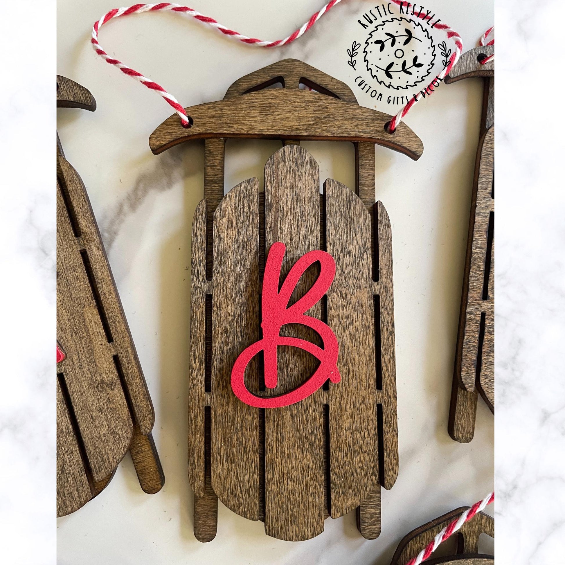 wood sled ornament with Initial Letter, Monogram old sled ornaments, toboggan