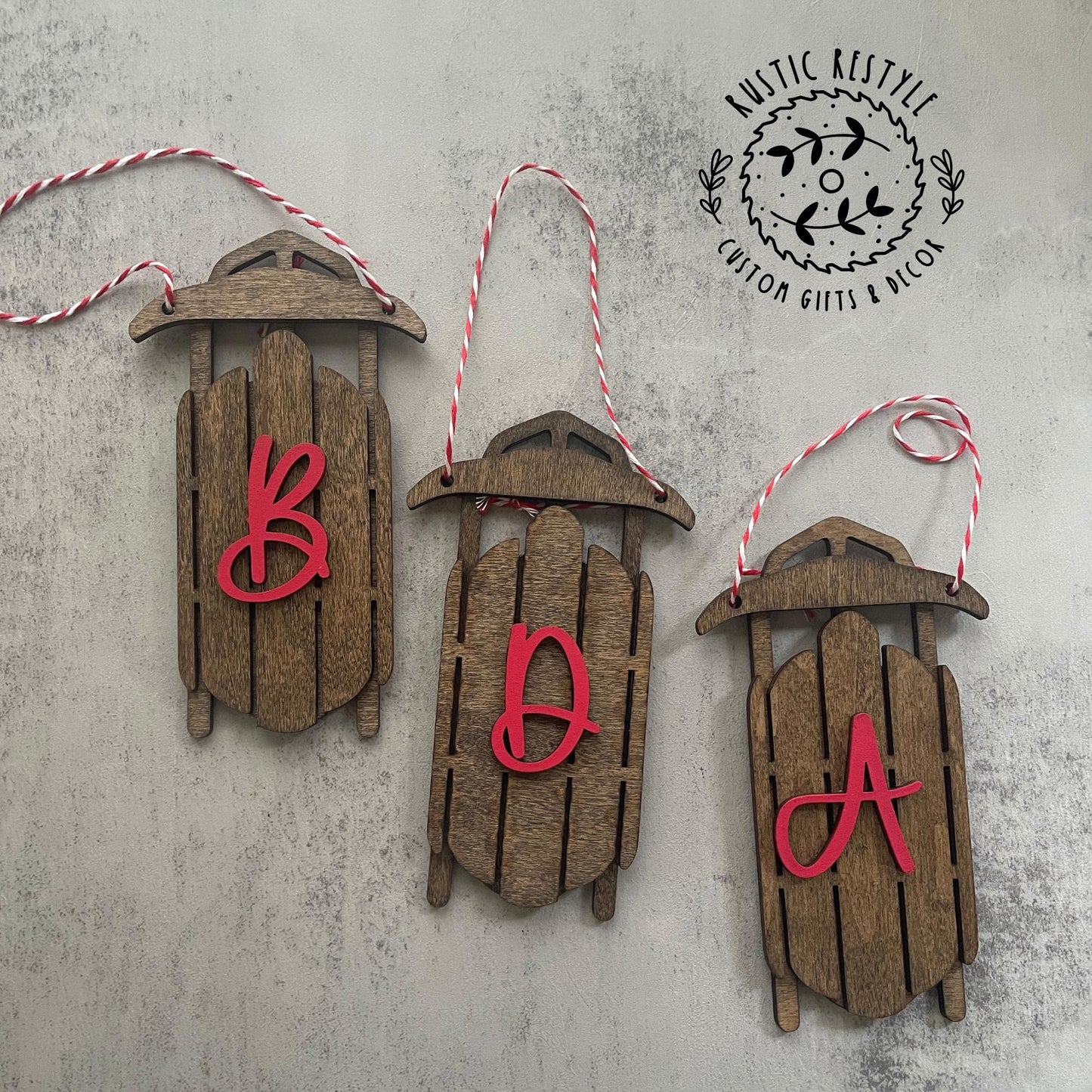 wood sled ornament with Initial Letter, Monogram old sled ornaments, toboggan