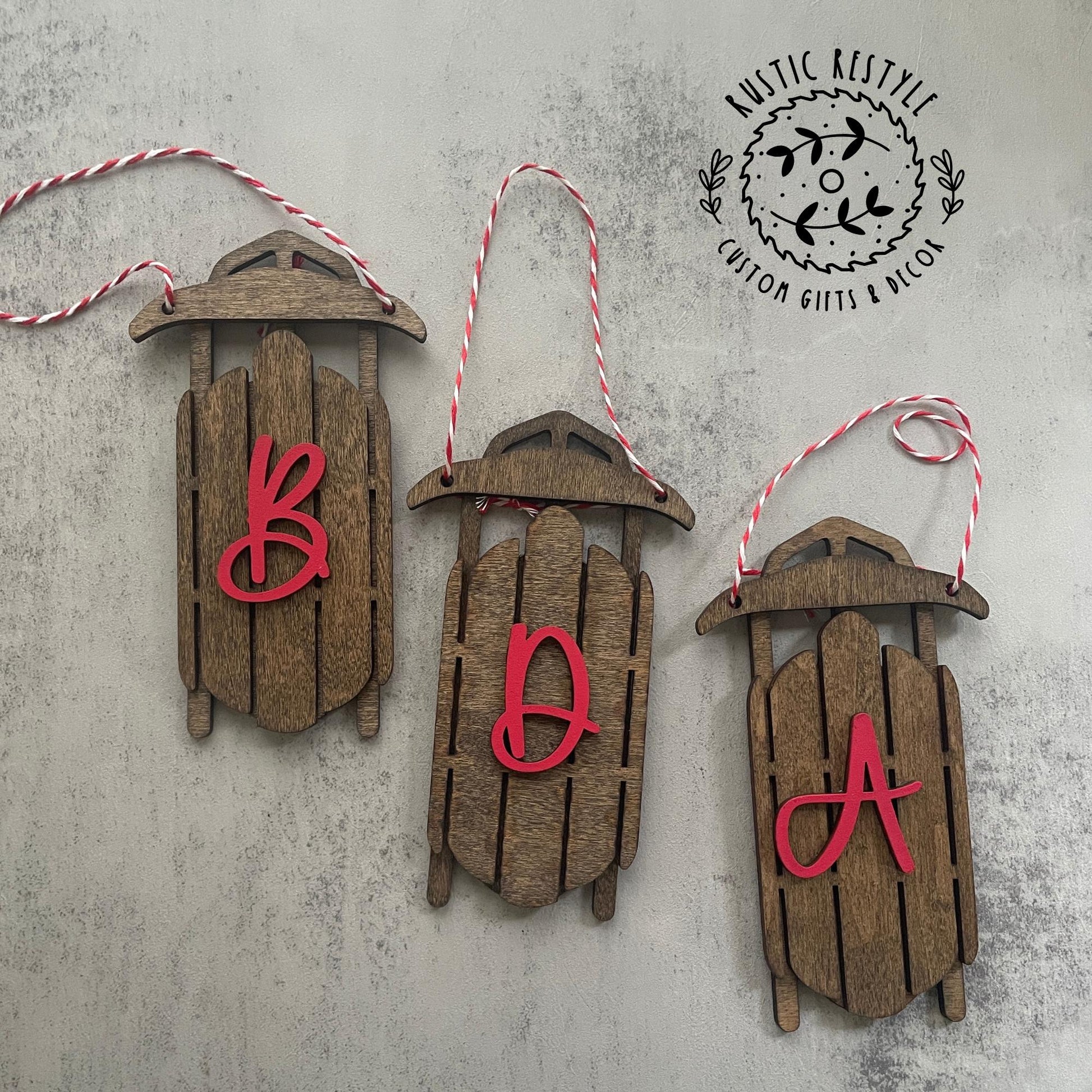 wood sled ornament with Initial Letter, Monogram old sled ornaments, toboggan