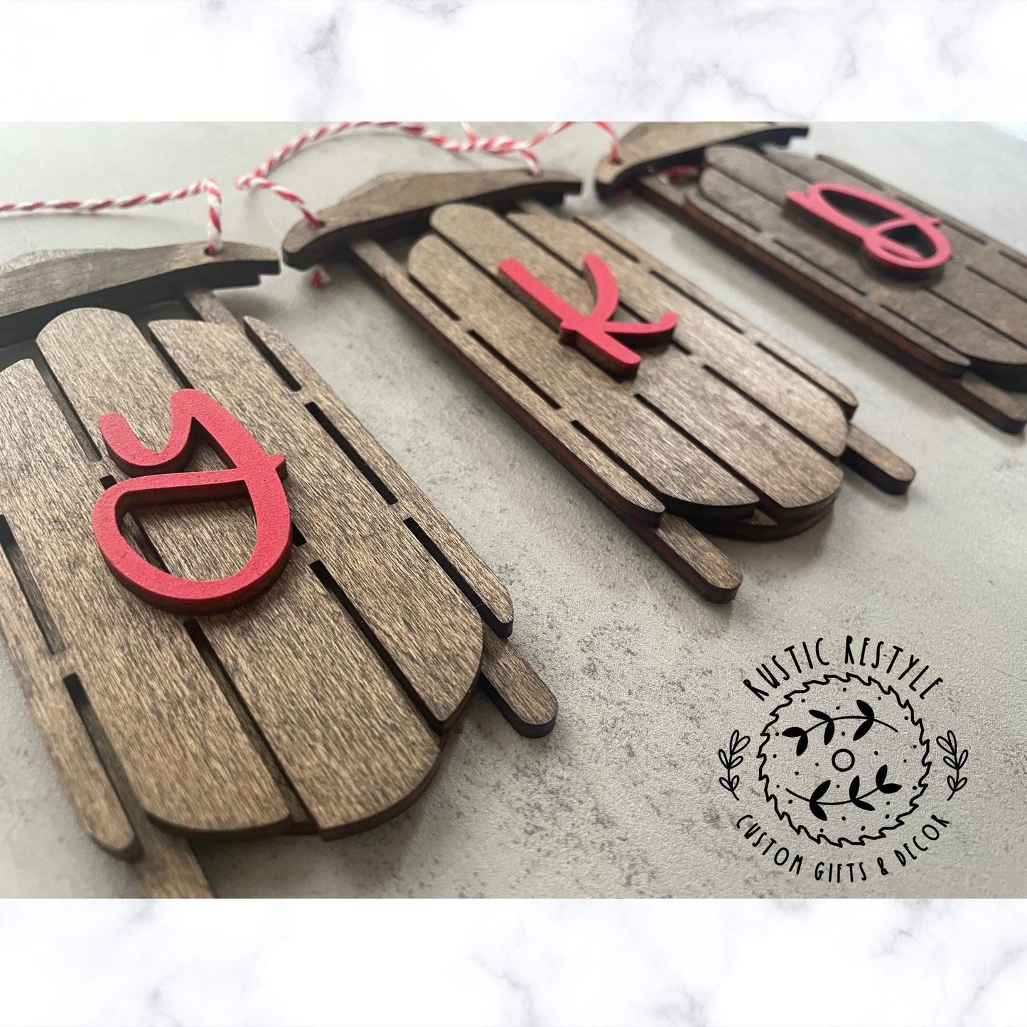 wood sled ornament with Initial Letter, Monogram old sled ornaments, toboggan