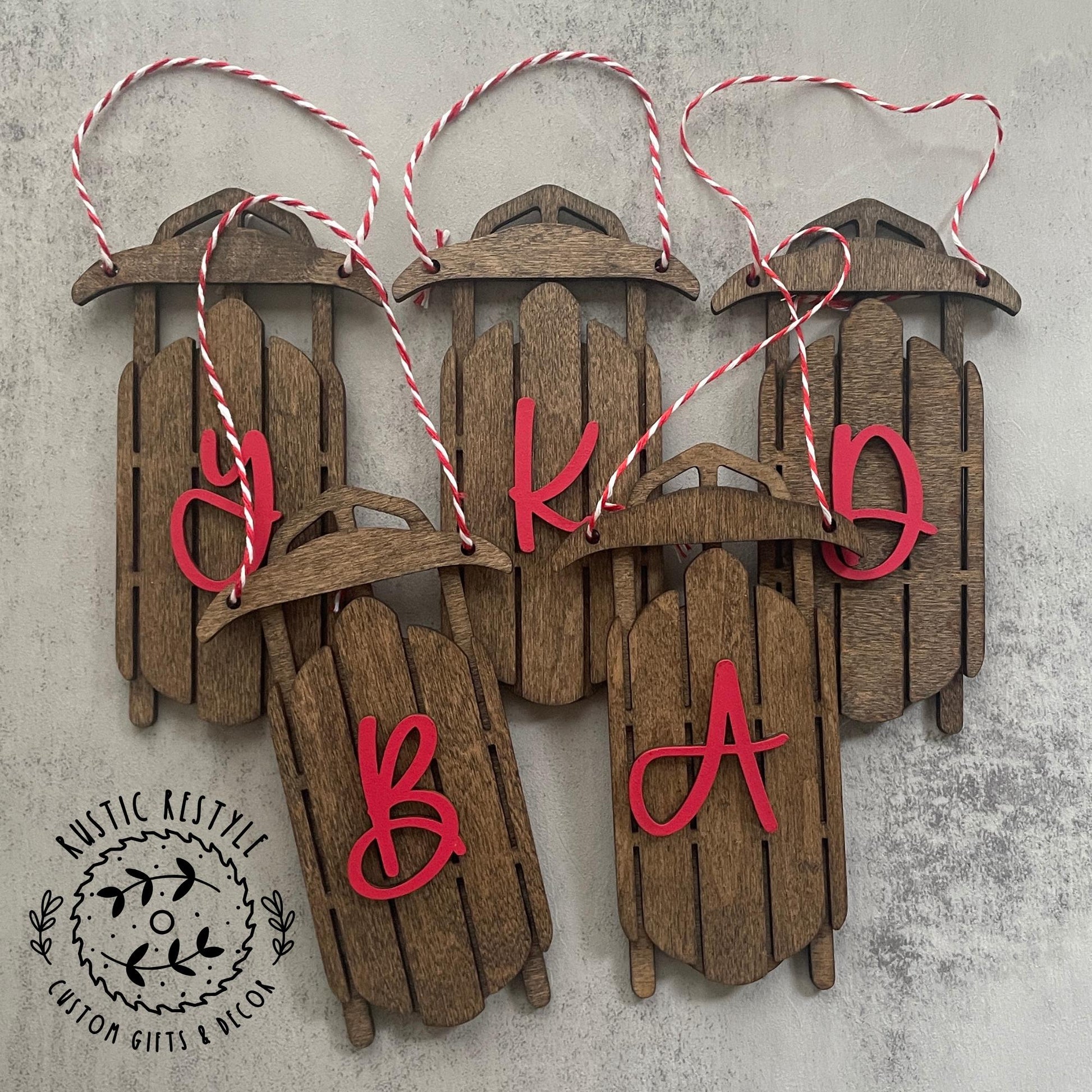 wood sled ornament with Initial Letter, Monogram old sled ornaments, toboggan