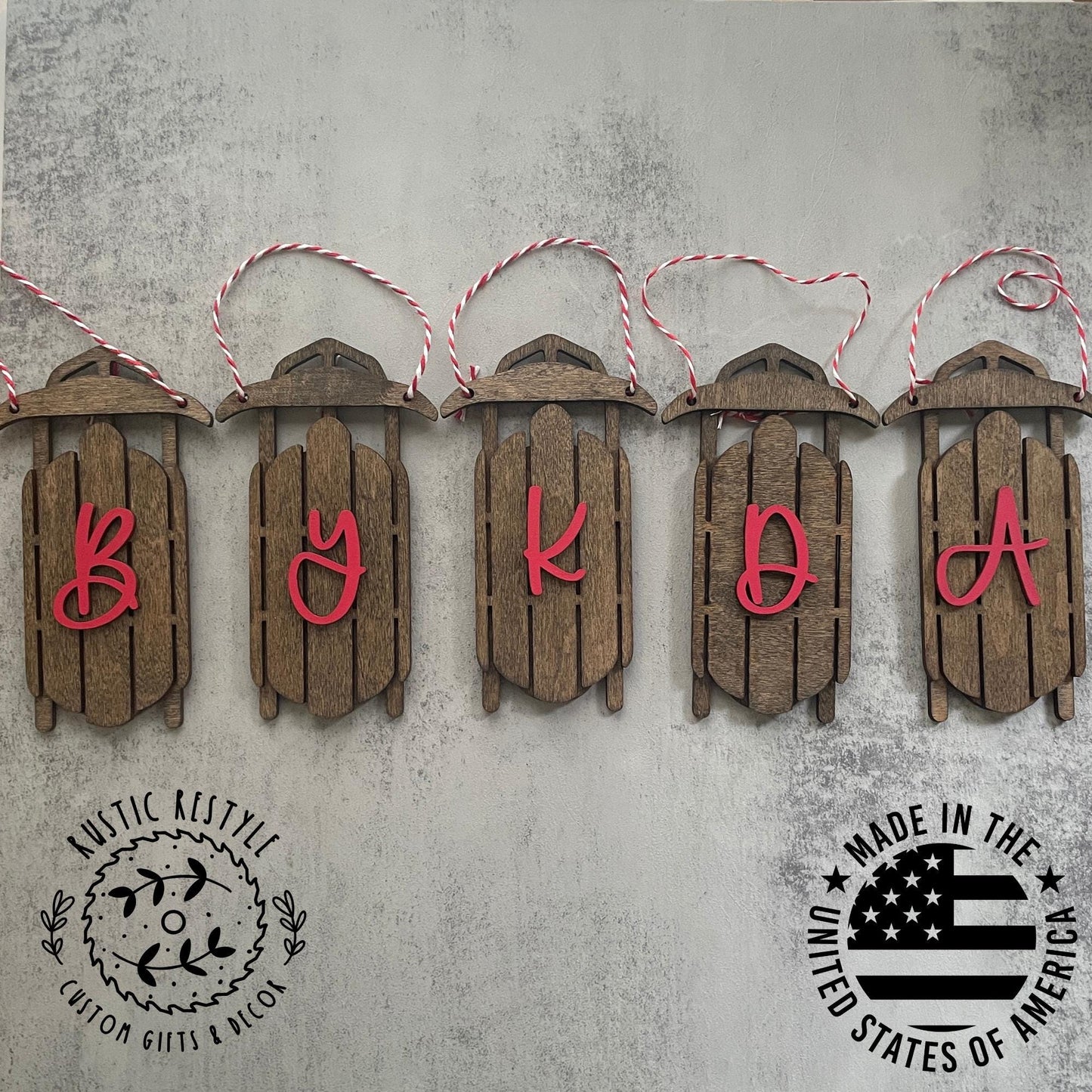 wood sled ornament with Initial Letter, Monogram old sled ornaments, toboggan