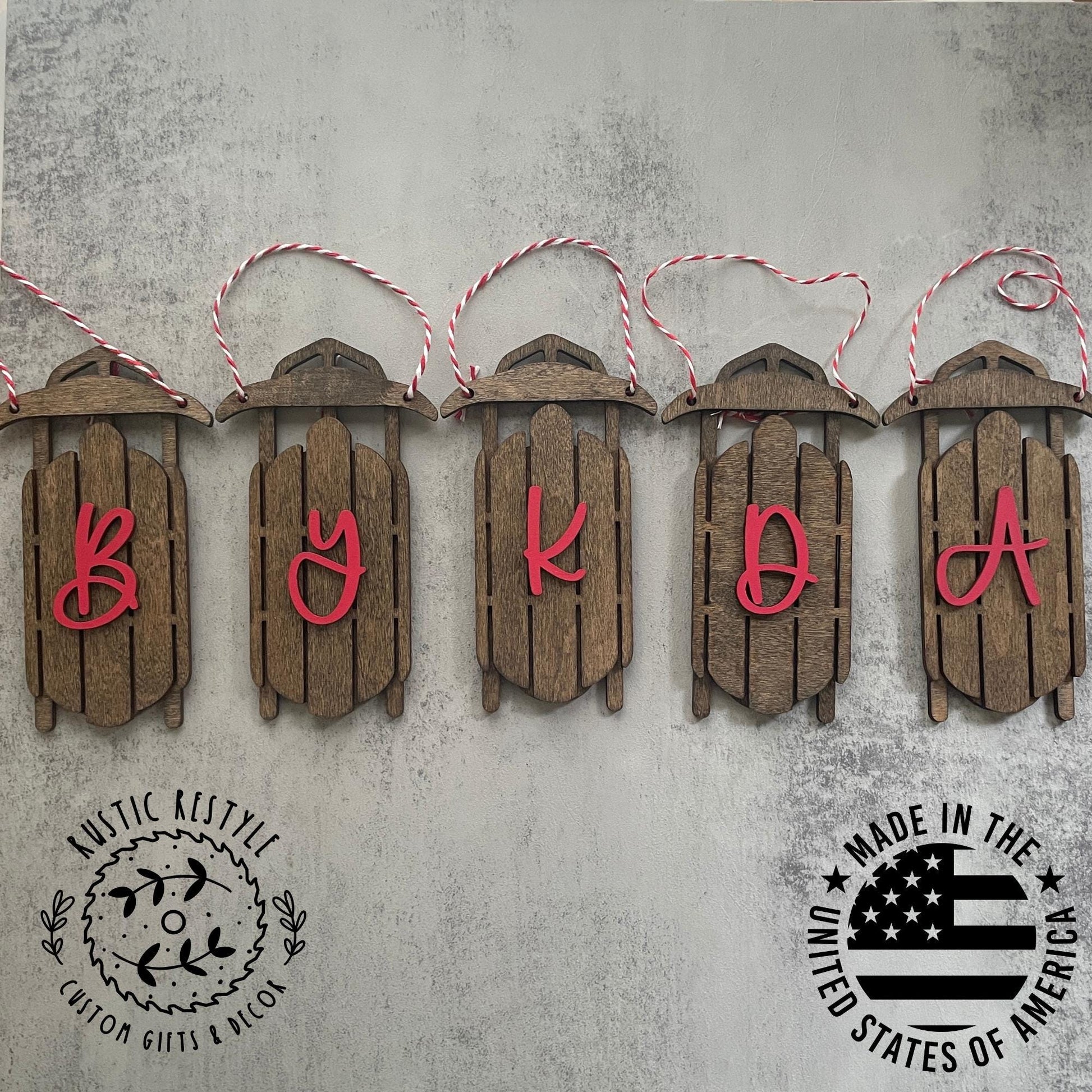 wood sled ornament with Initial Letter, Monogram old sled ornaments, toboggan
