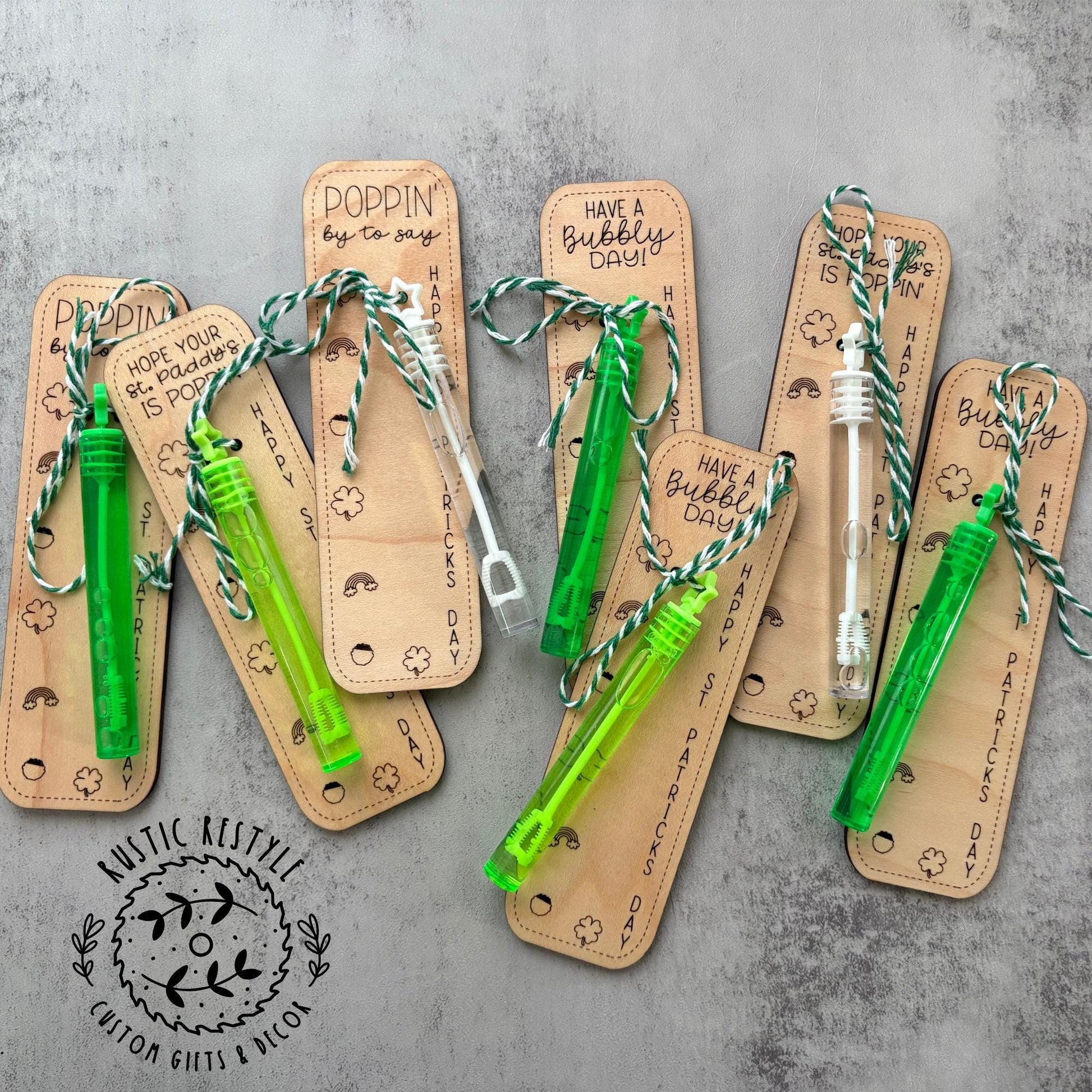 Classroom bubbles St Patrick's Day favors, Personalized wooden party favor gifts