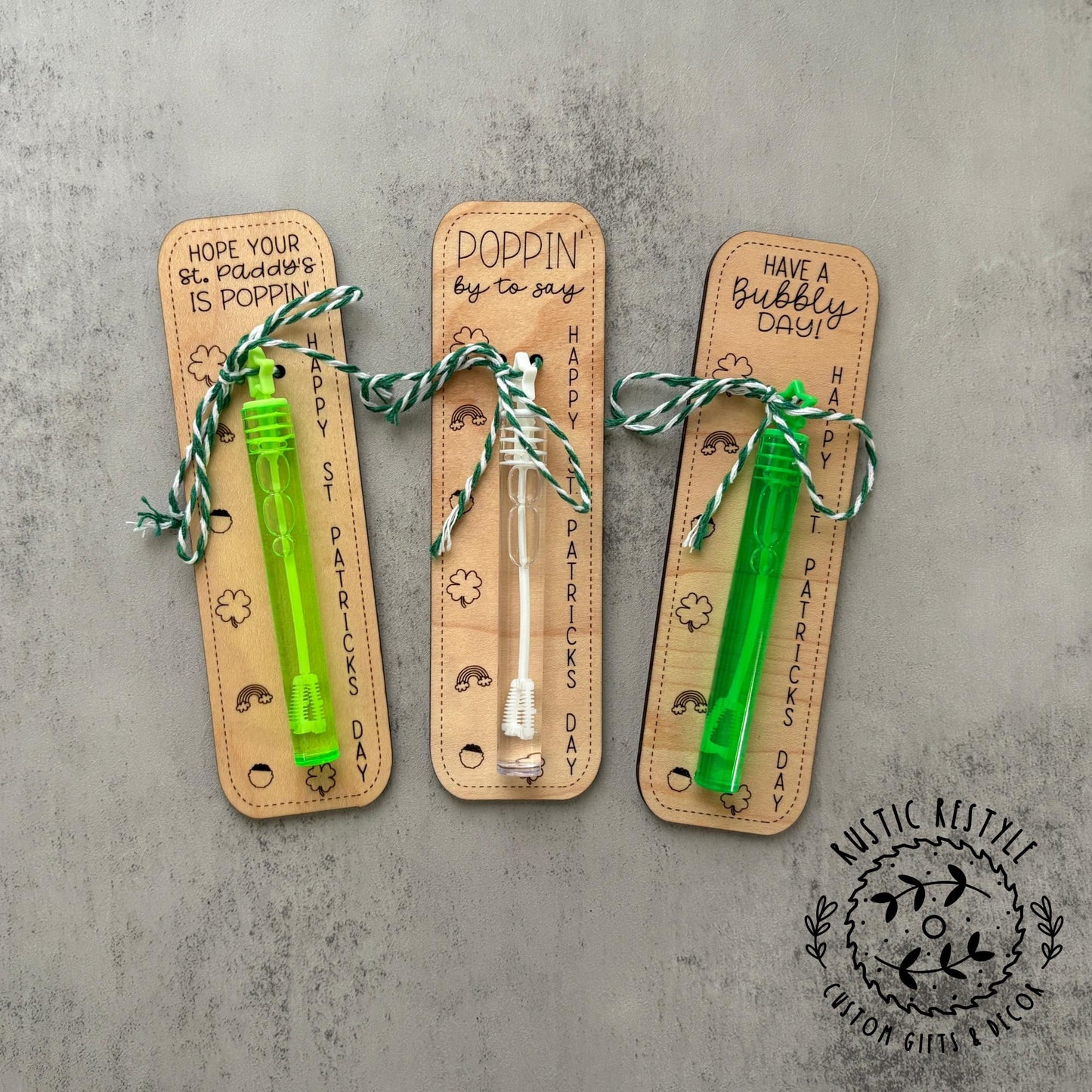 Classroom bubbles St Patrick's Day favors, Personalized wooden party favor gifts