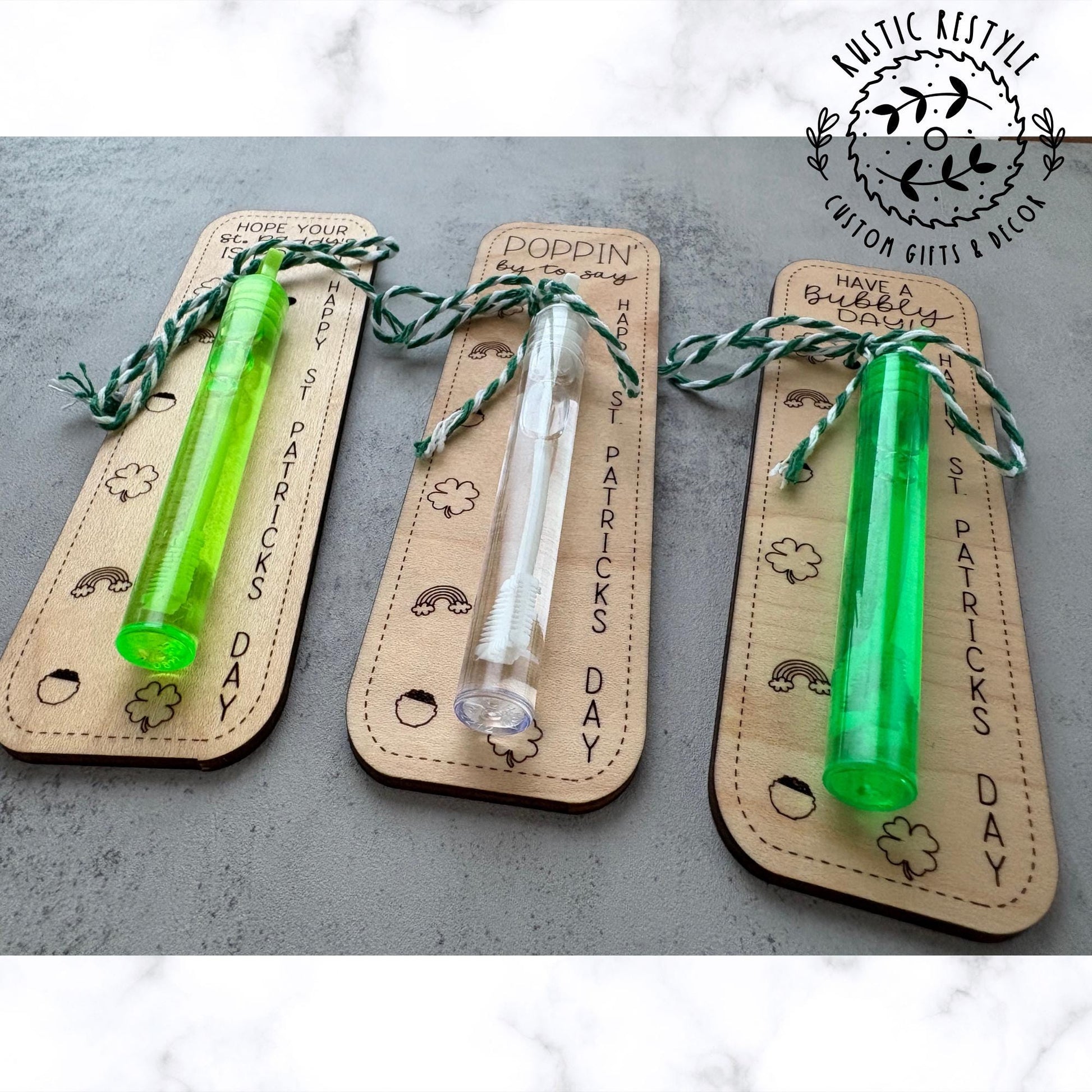 Classroom bubbles St Patrick's Day favors, Personalized wooden party favor gifts