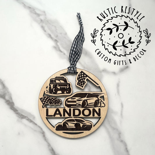 Personalized racing or race track Ornament, racing fan gift